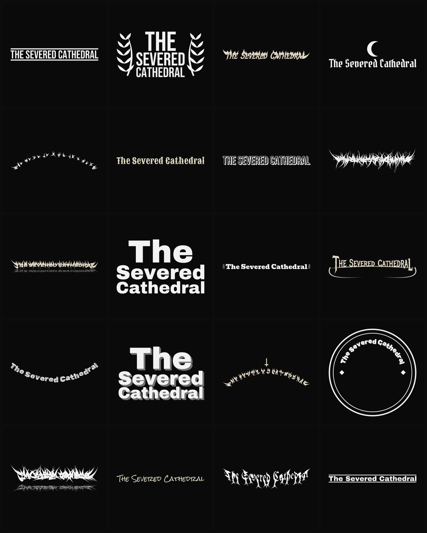 Twenty The Severed Cathedral band logo ideas — different faces, treatments and spike settings