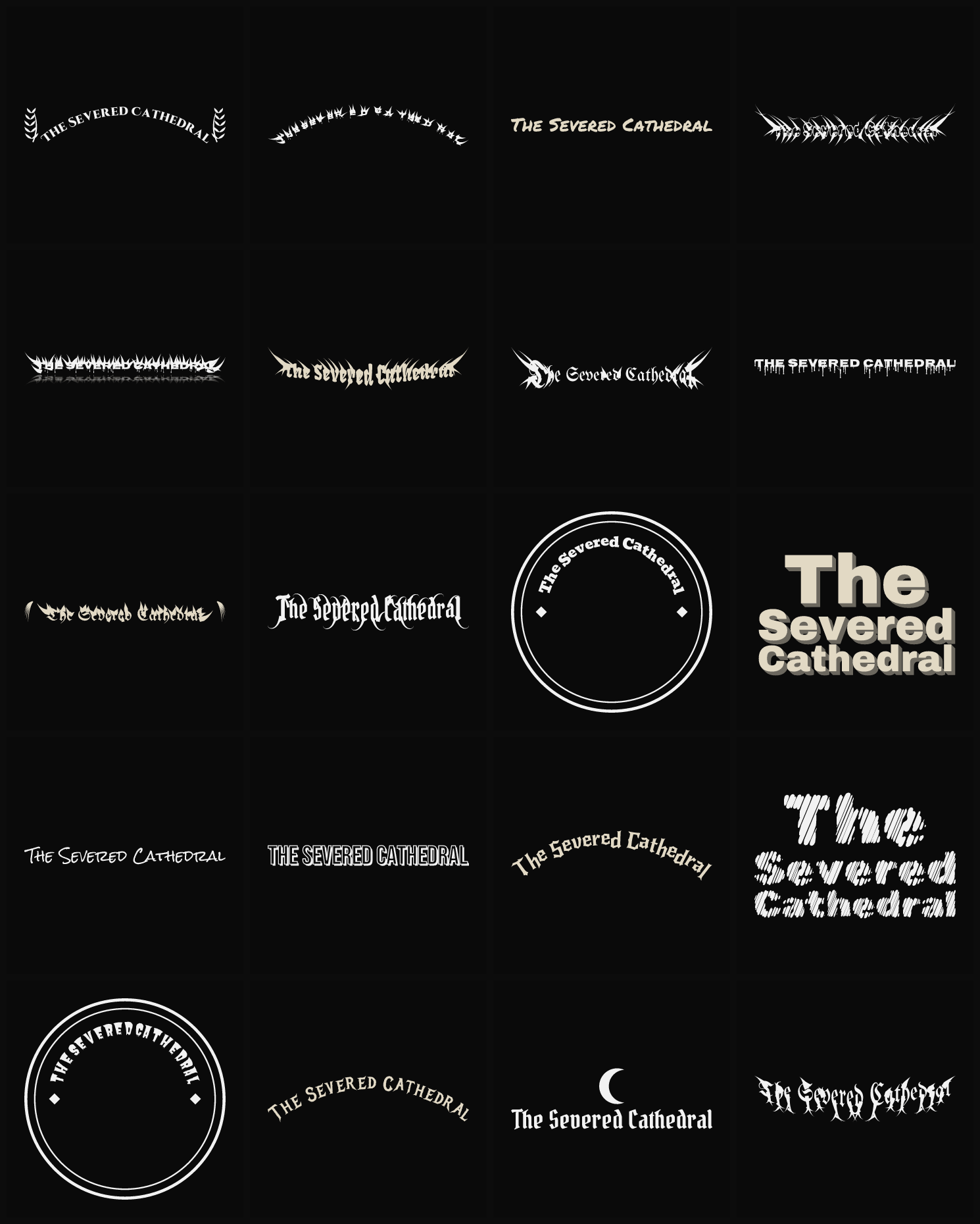 Twenty The Severed Cathedral band logo ideas — different faces, treatments and spike settings