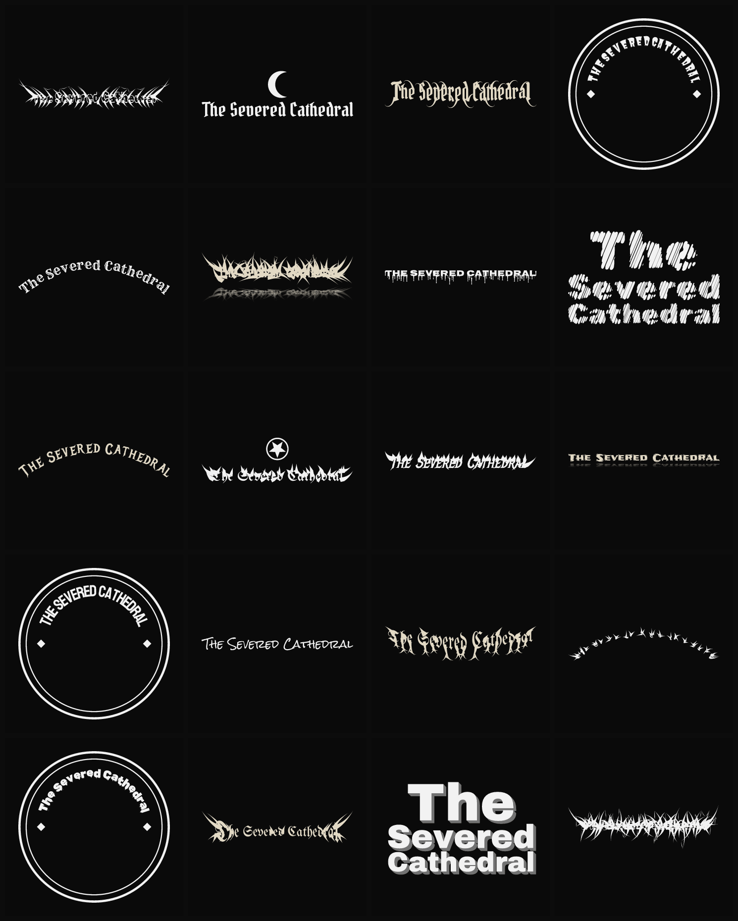 Twenty The Severed Cathedral band logo ideas — different faces, treatments and spike settings