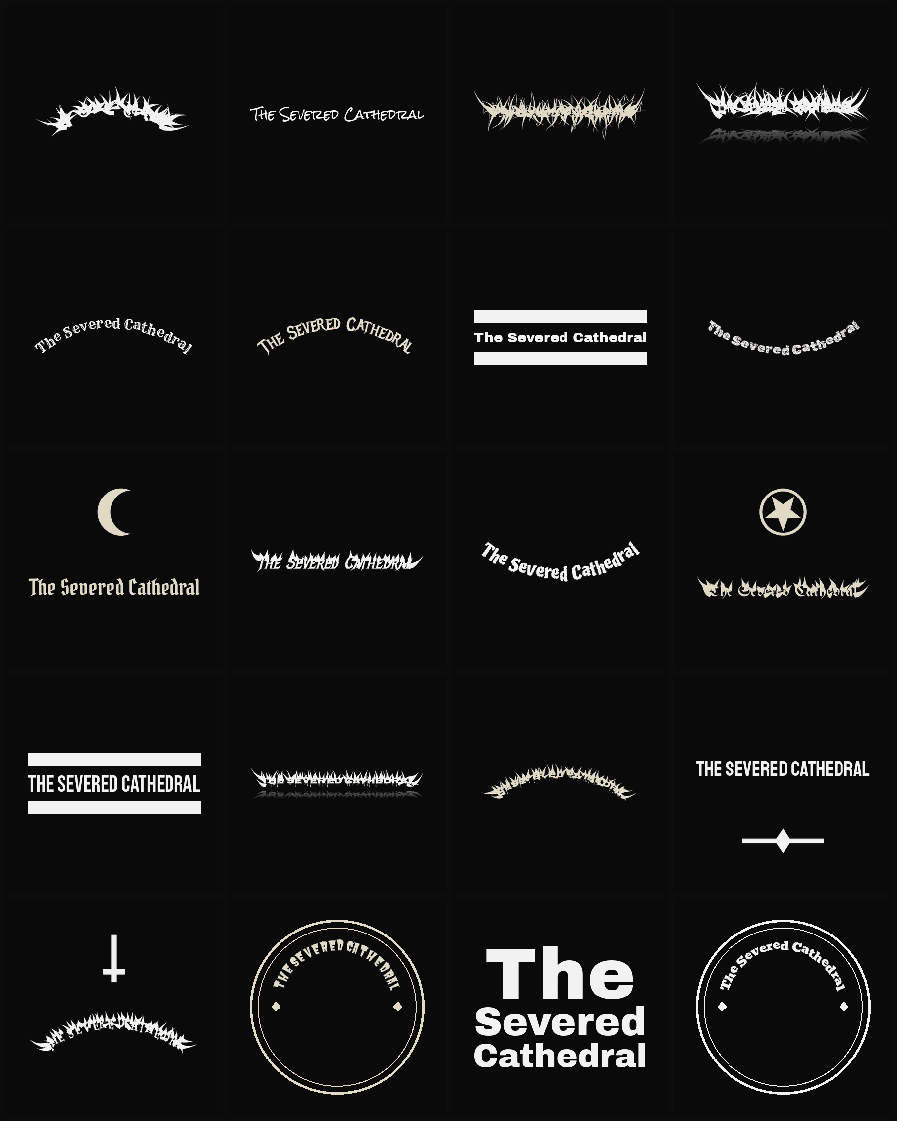 Twenty The Severed Cathedral band logo ideas — different faces, treatments and spike settings