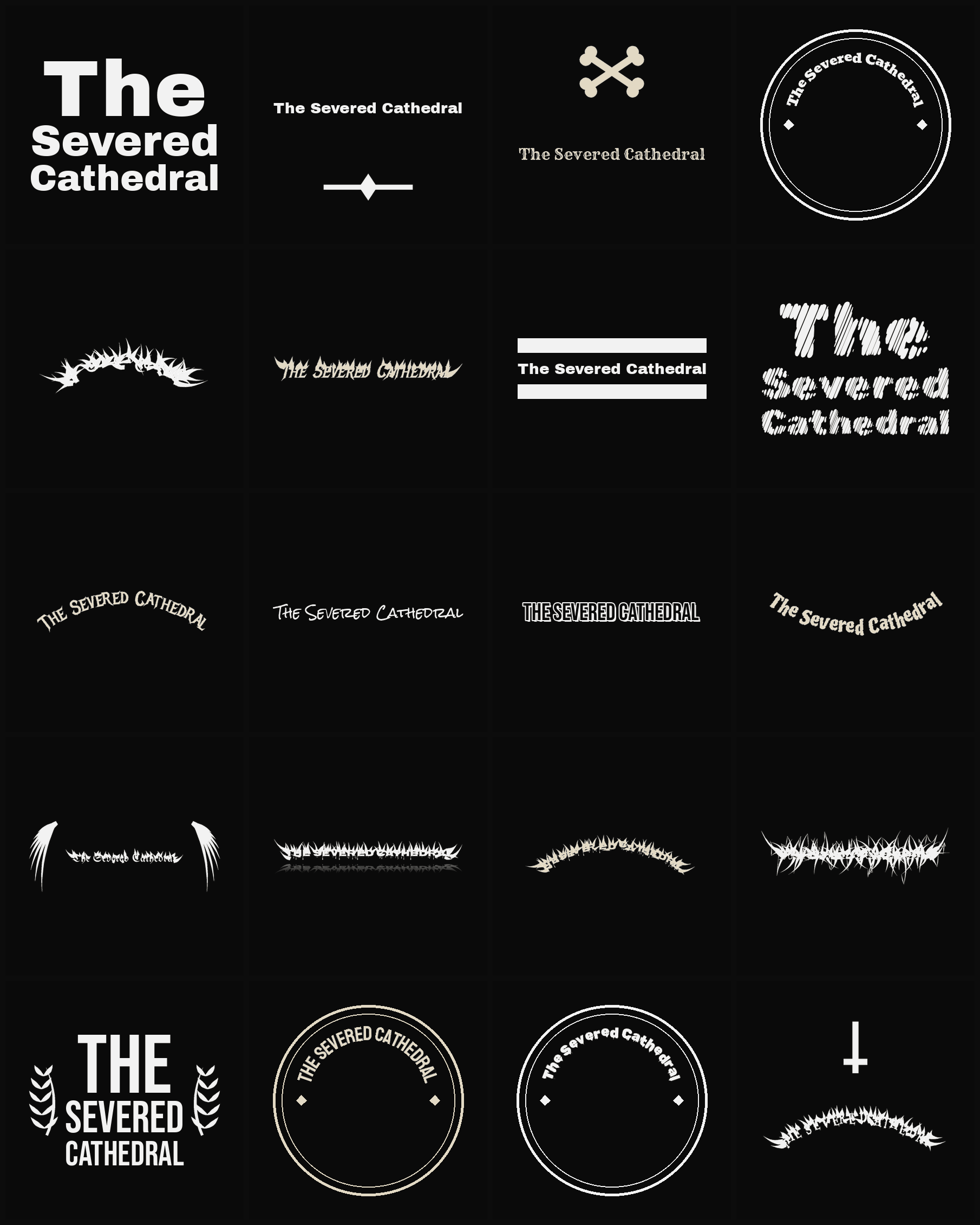 Twenty The Severed Cathedral band logo ideas — different faces, treatments and spike settings
