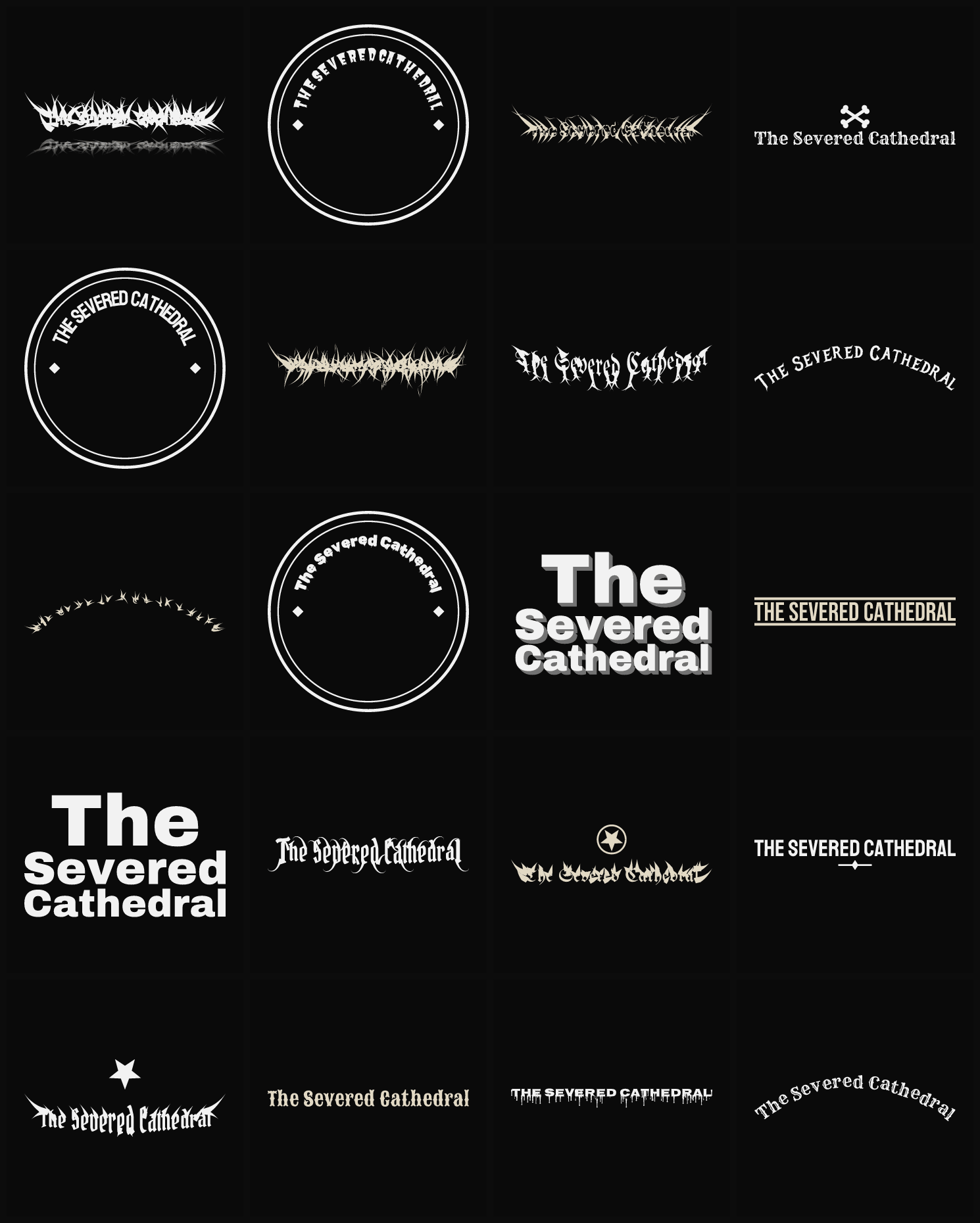 Twenty The Severed Cathedral band logo ideas — different faces, treatments and spike settings