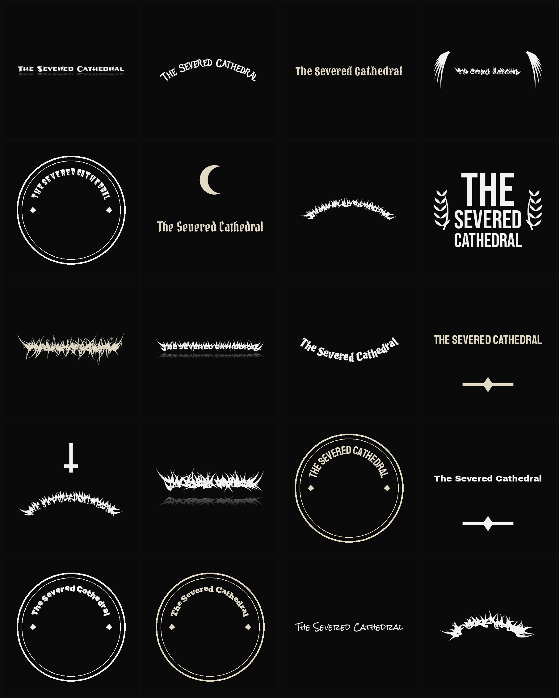 Twenty The Severed Cathedral band logo ideas — different faces, treatments and spike settings