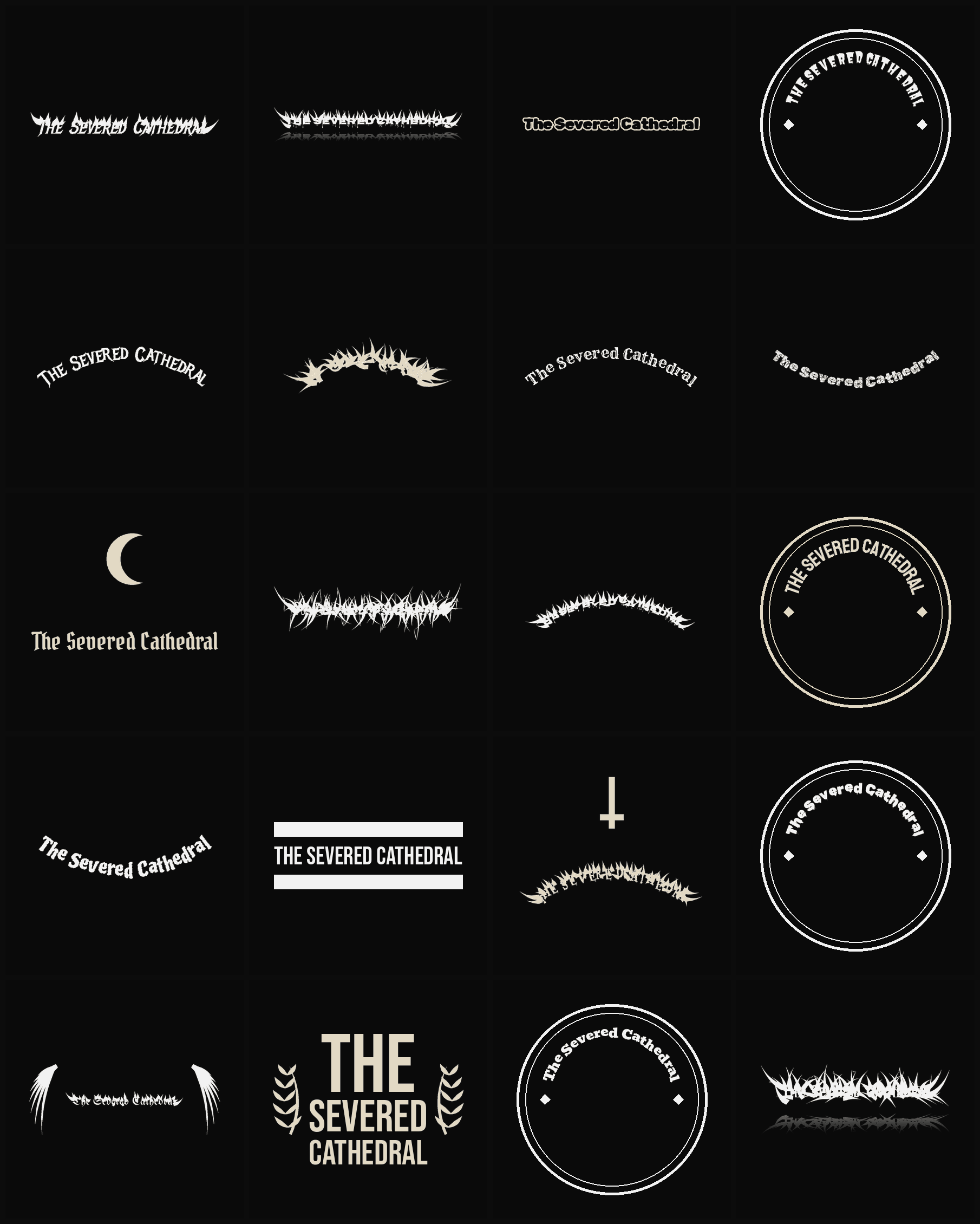 Twenty The Severed Cathedral band logo ideas — different faces, treatments and spike settings
