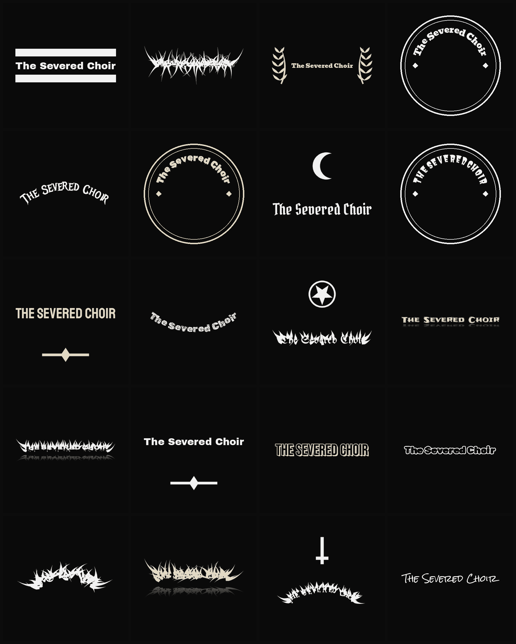 Twenty The Severed Choir band logo ideas — different faces, treatments and spike settings