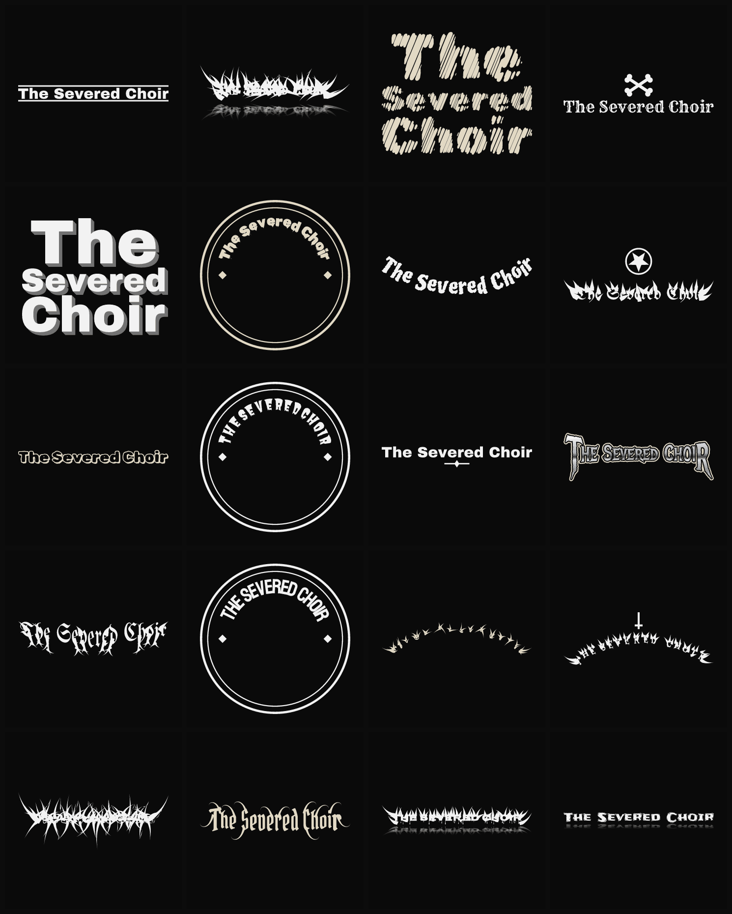 Twenty The Severed Choir band logo ideas — different faces, treatments and spike settings