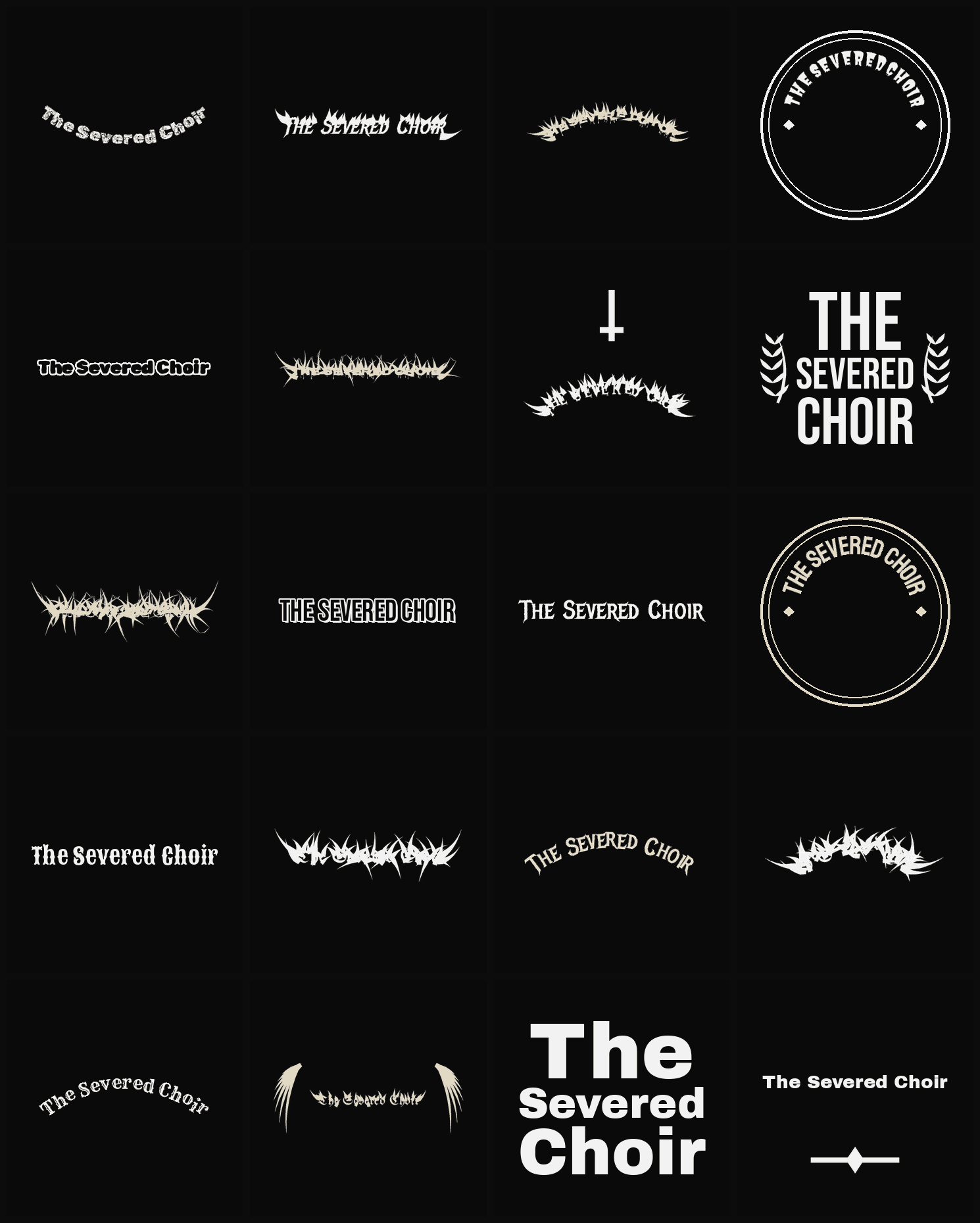 Twenty The Severed Choir band logo ideas — different faces, treatments and spike settings