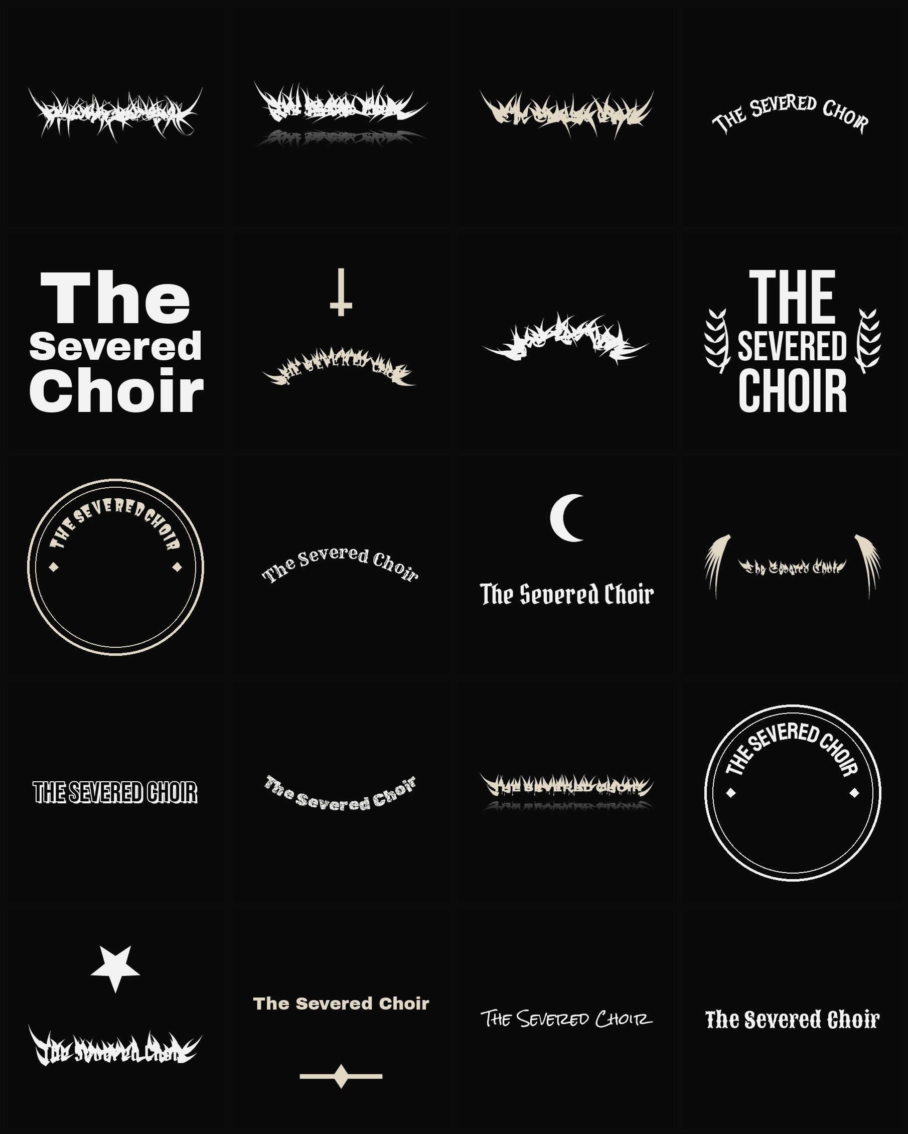 Twenty The Severed Choir band logo ideas — different faces, treatments and spike settings