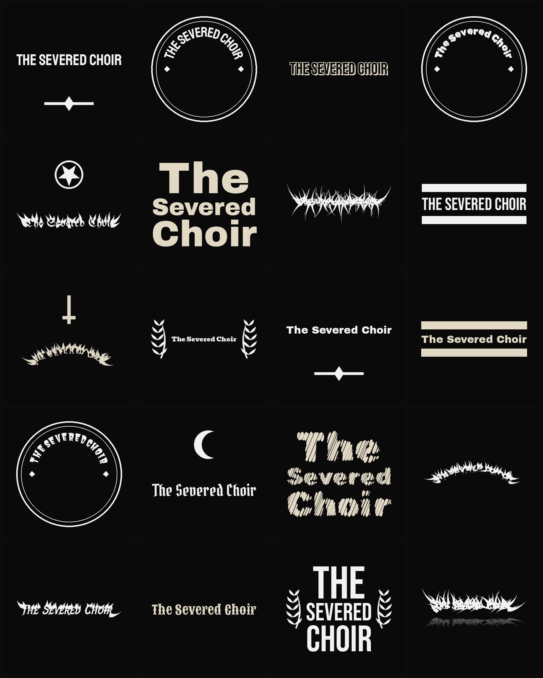 Twenty The Severed Choir band logo ideas — different faces, treatments and spike settings