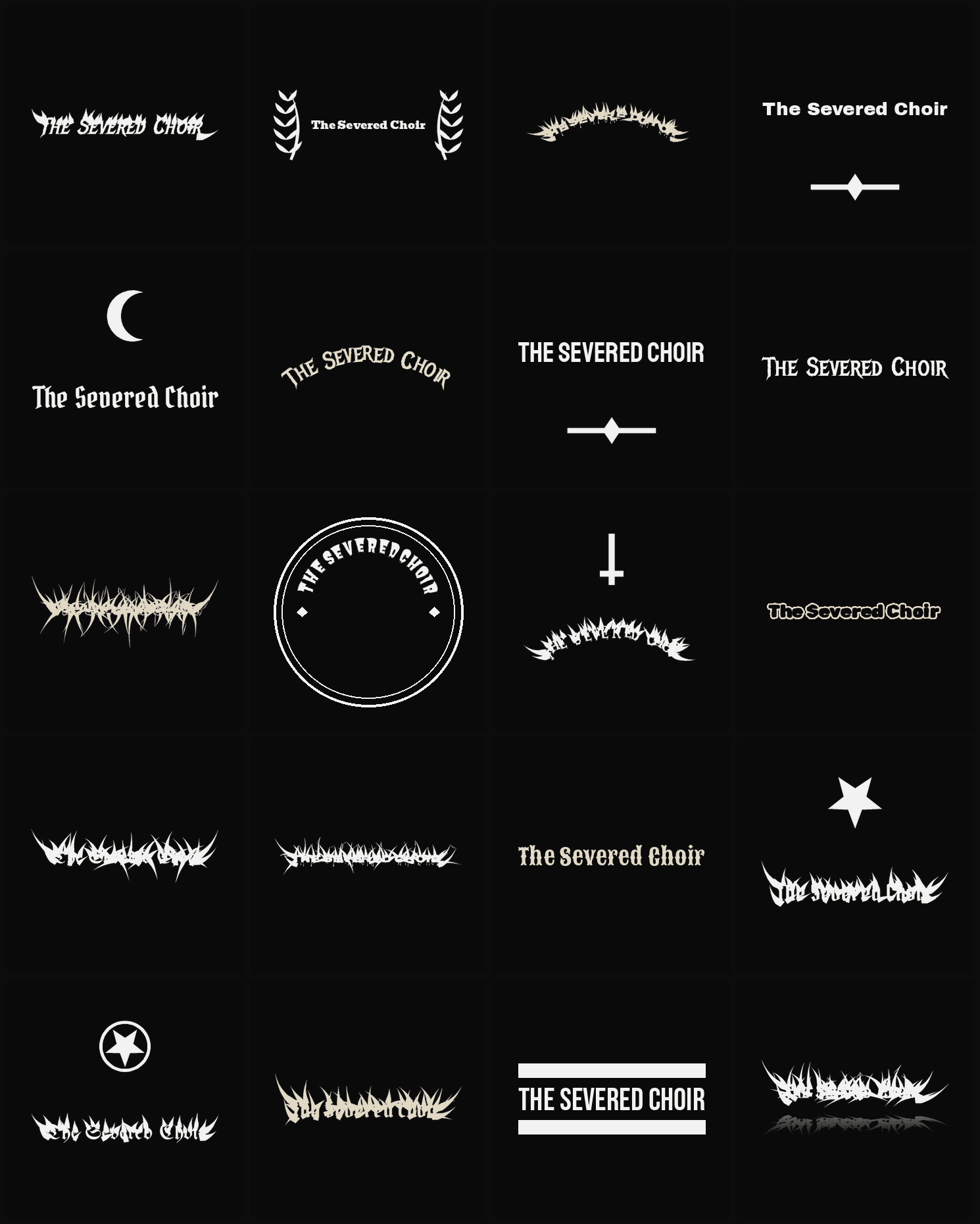 Twenty The Severed Choir band logo ideas — different faces, treatments and spike settings