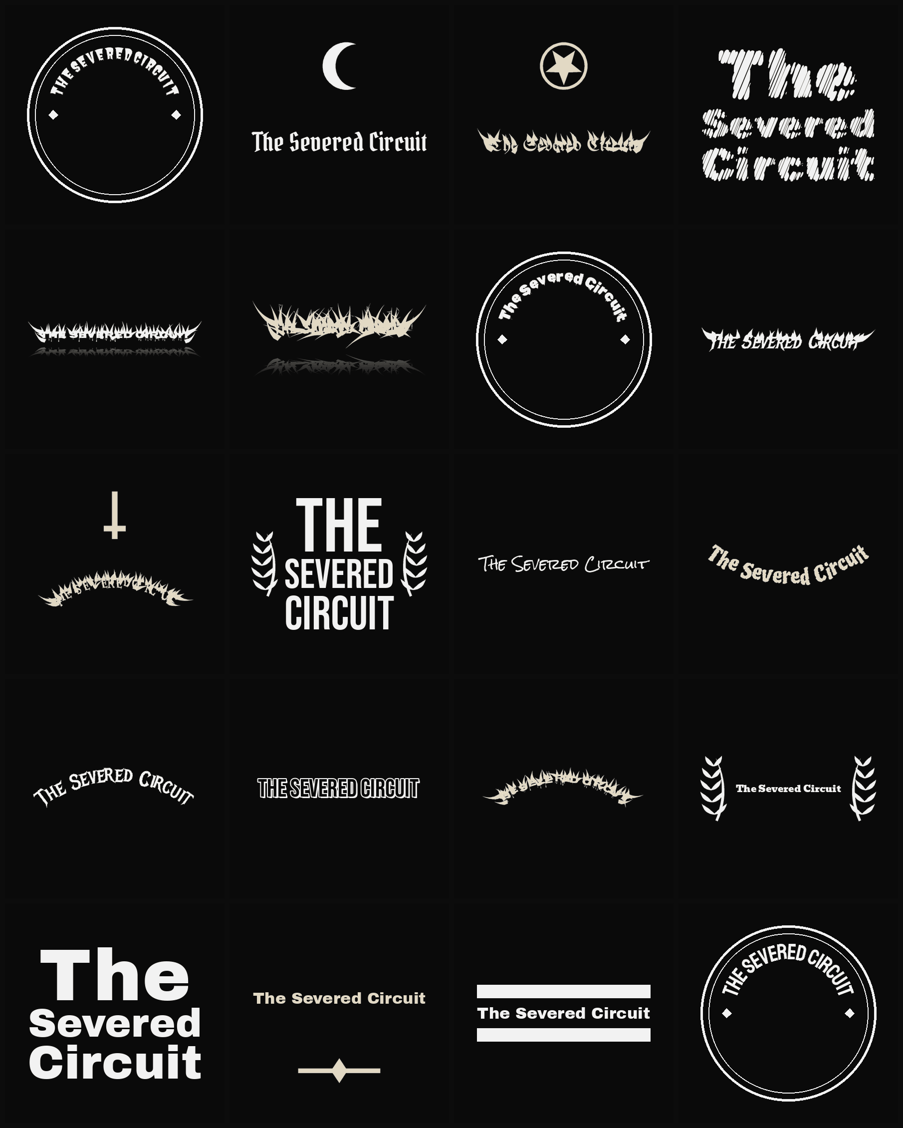 Twenty The Severed Circuit band logo ideas — different faces, treatments and spike settings
