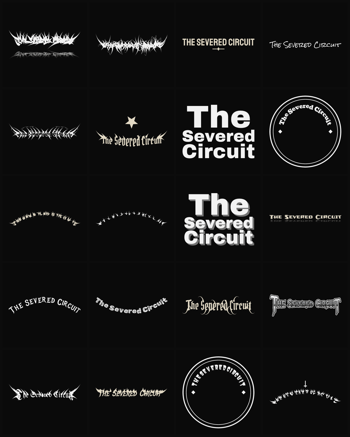 Twenty The Severed Circuit band logo ideas — different faces, treatments and spike settings