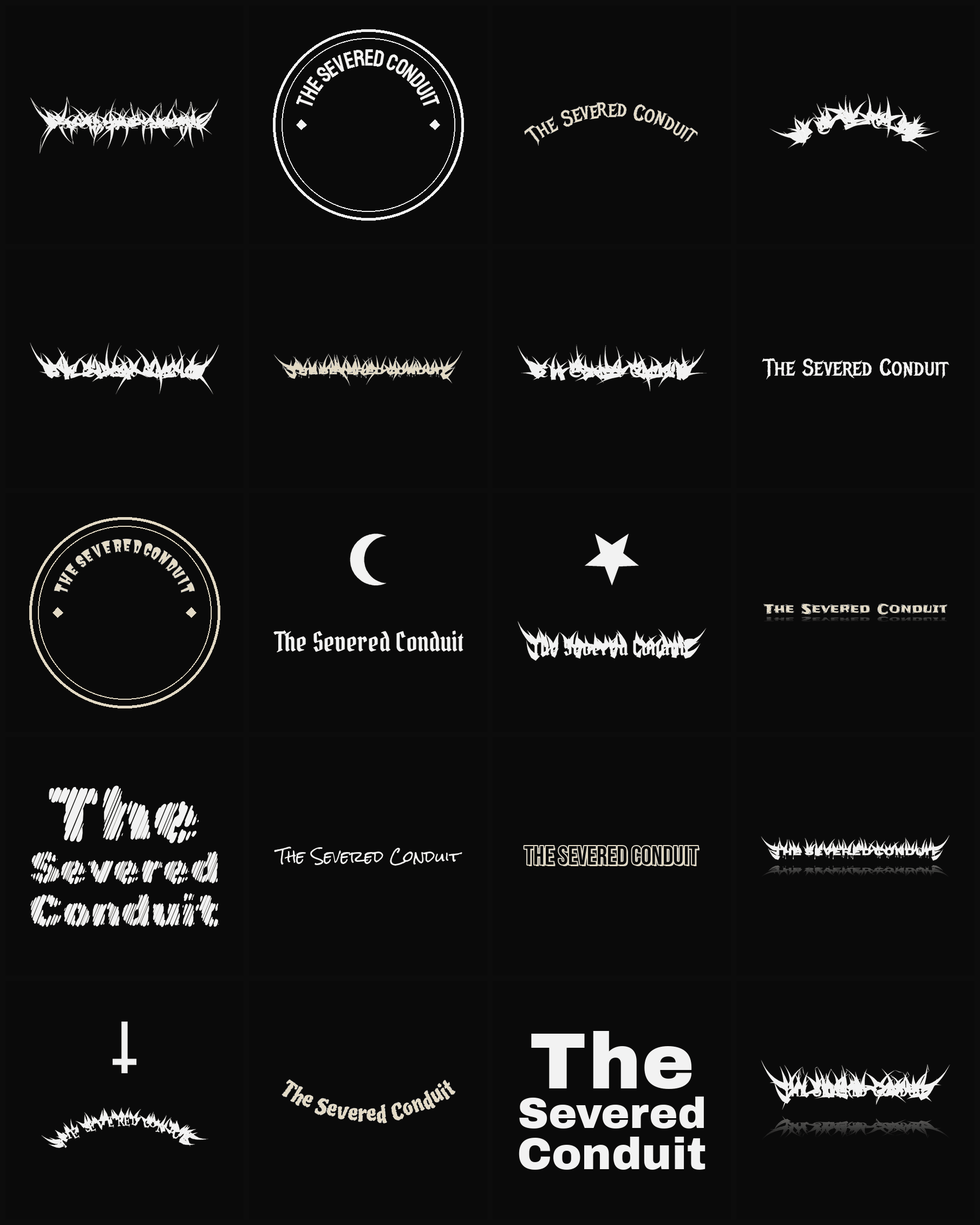 Twenty The Severed Conduit band logo ideas — different faces, treatments and spike settings