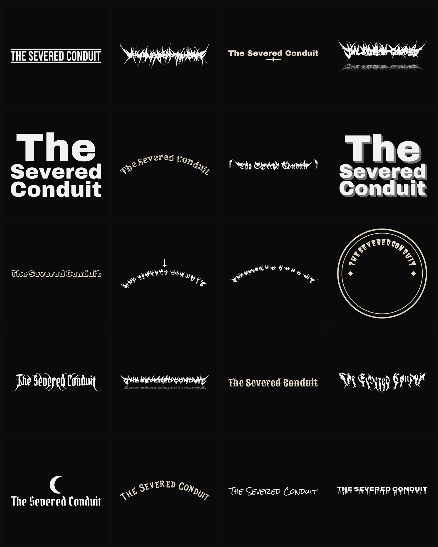 Twenty The Severed Conduit band logo ideas — different faces, treatments and spike settings