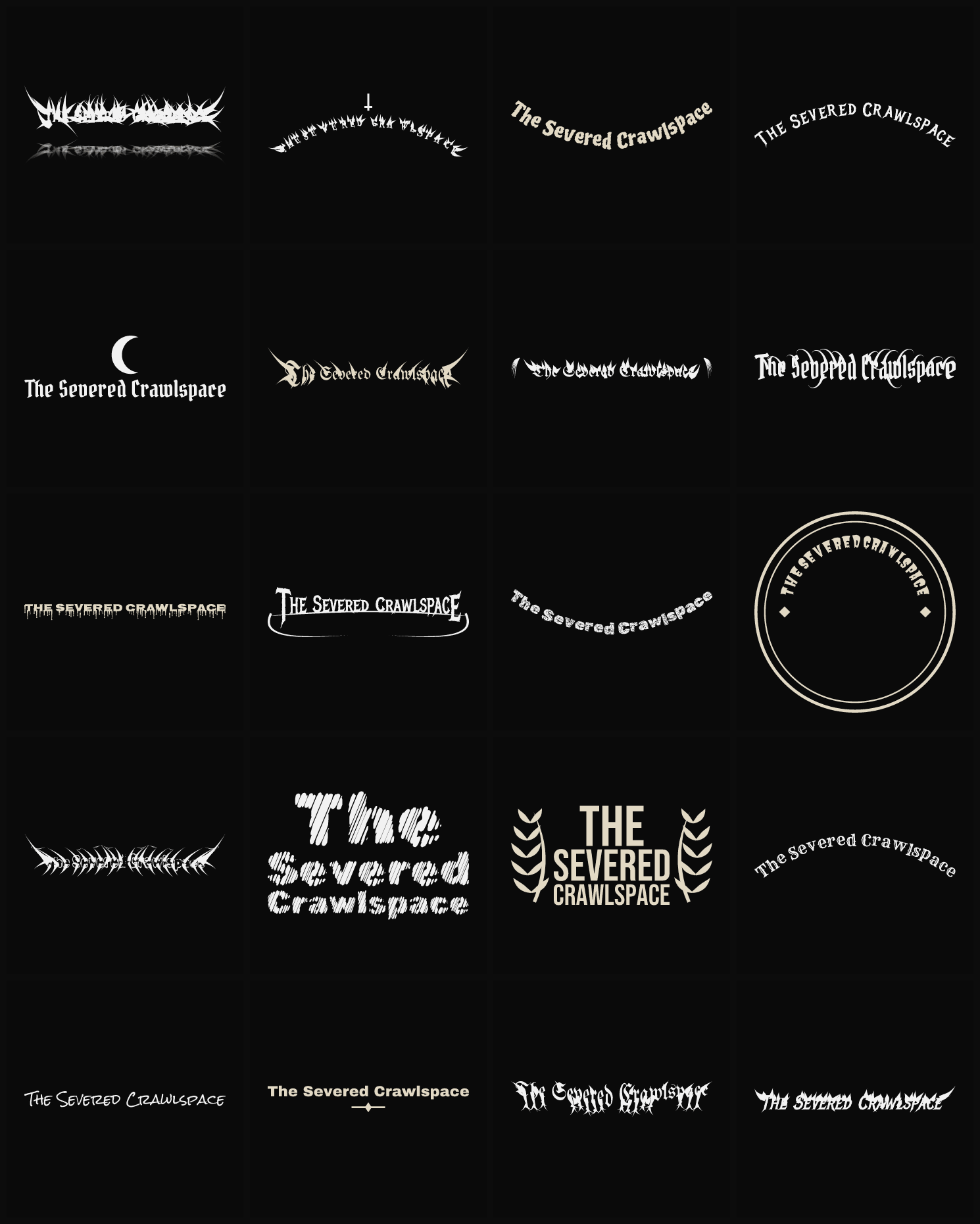 Twenty The Severed Crawlspace band logo ideas — different faces, treatments and spike settings