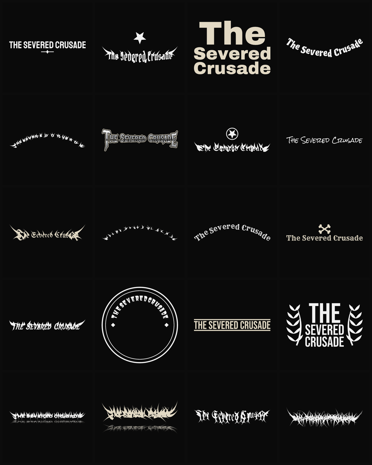Twenty The Severed Crusade band logo ideas — different faces, treatments and spike settings