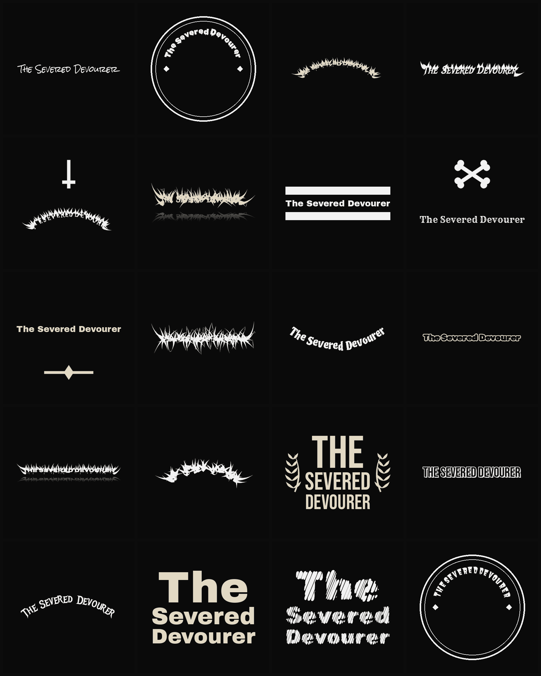 Twenty The Severed Devourer band logo ideas — different faces, treatments and spike settings