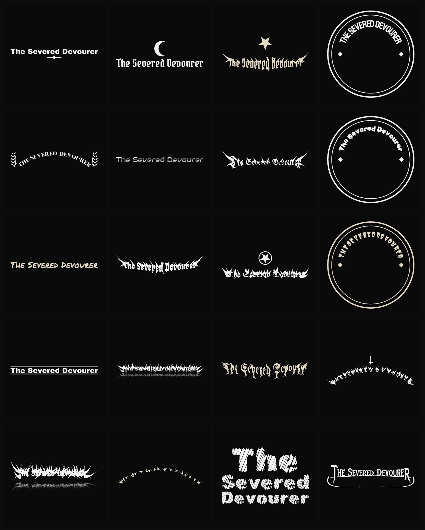 Twenty The Severed Devourer band logo ideas — different faces, treatments and spike settings