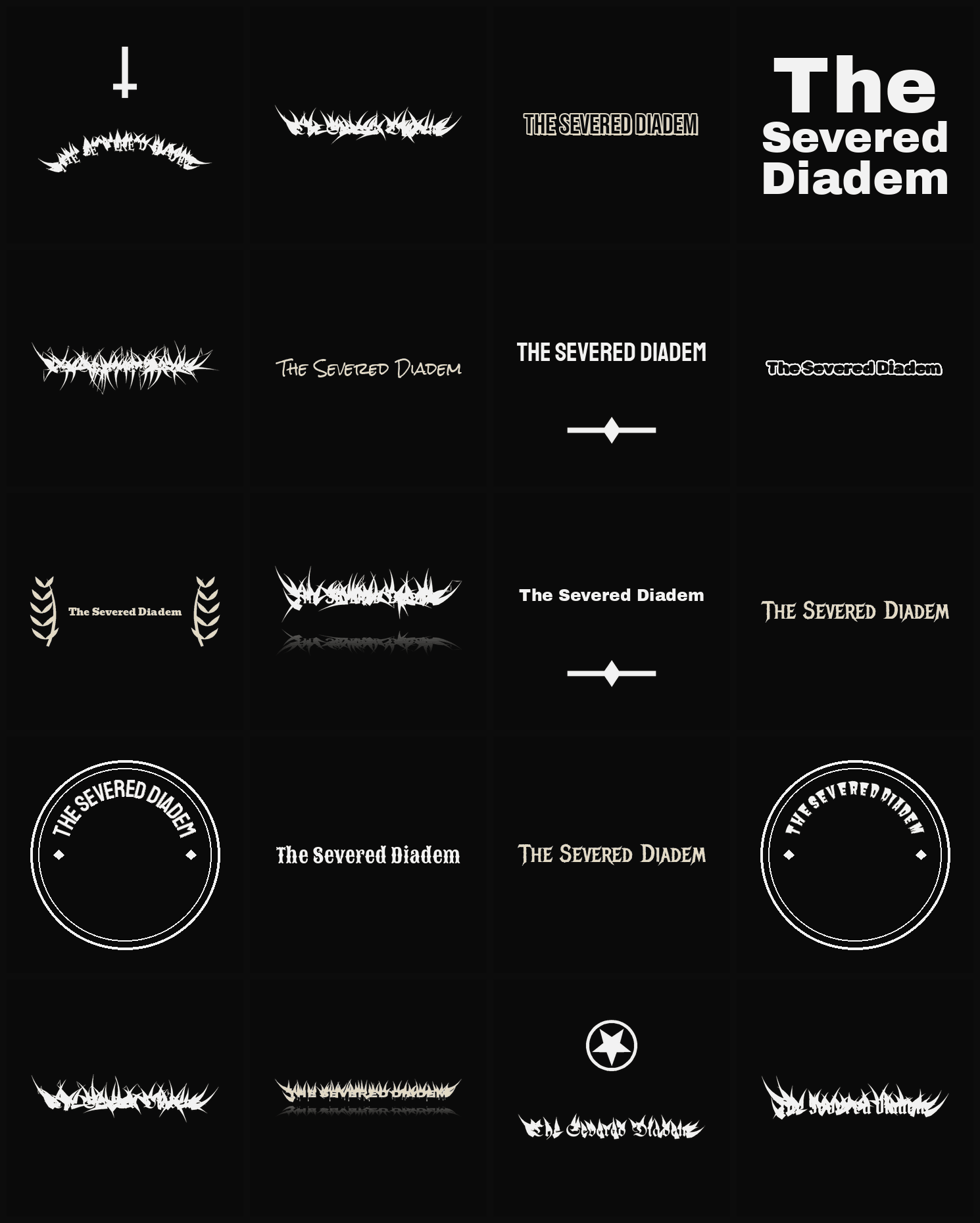 Twenty The Severed Diadem band logo ideas — different faces, treatments and spike settings