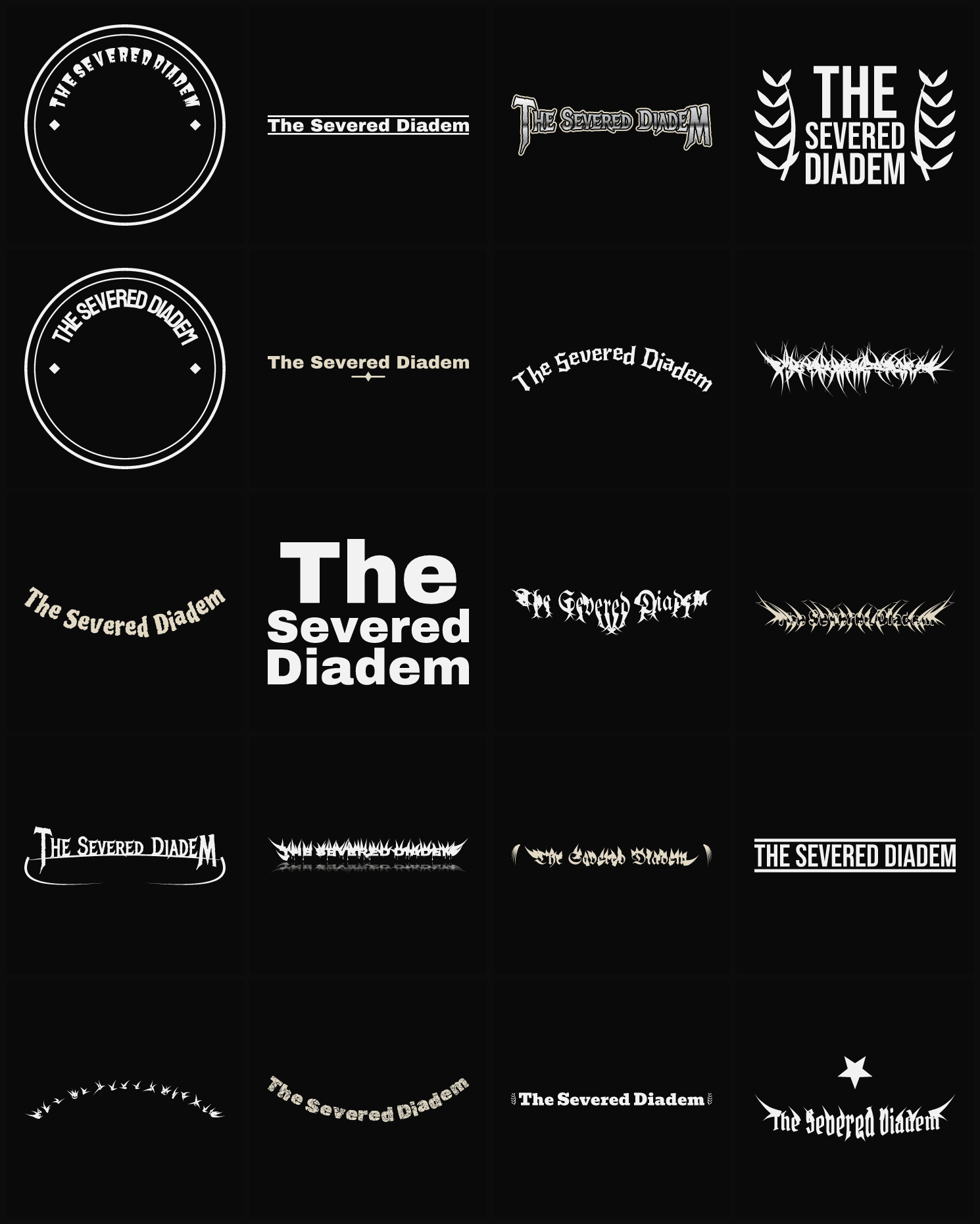 Twenty The Severed Diadem band logo ideas — different faces, treatments and spike settings