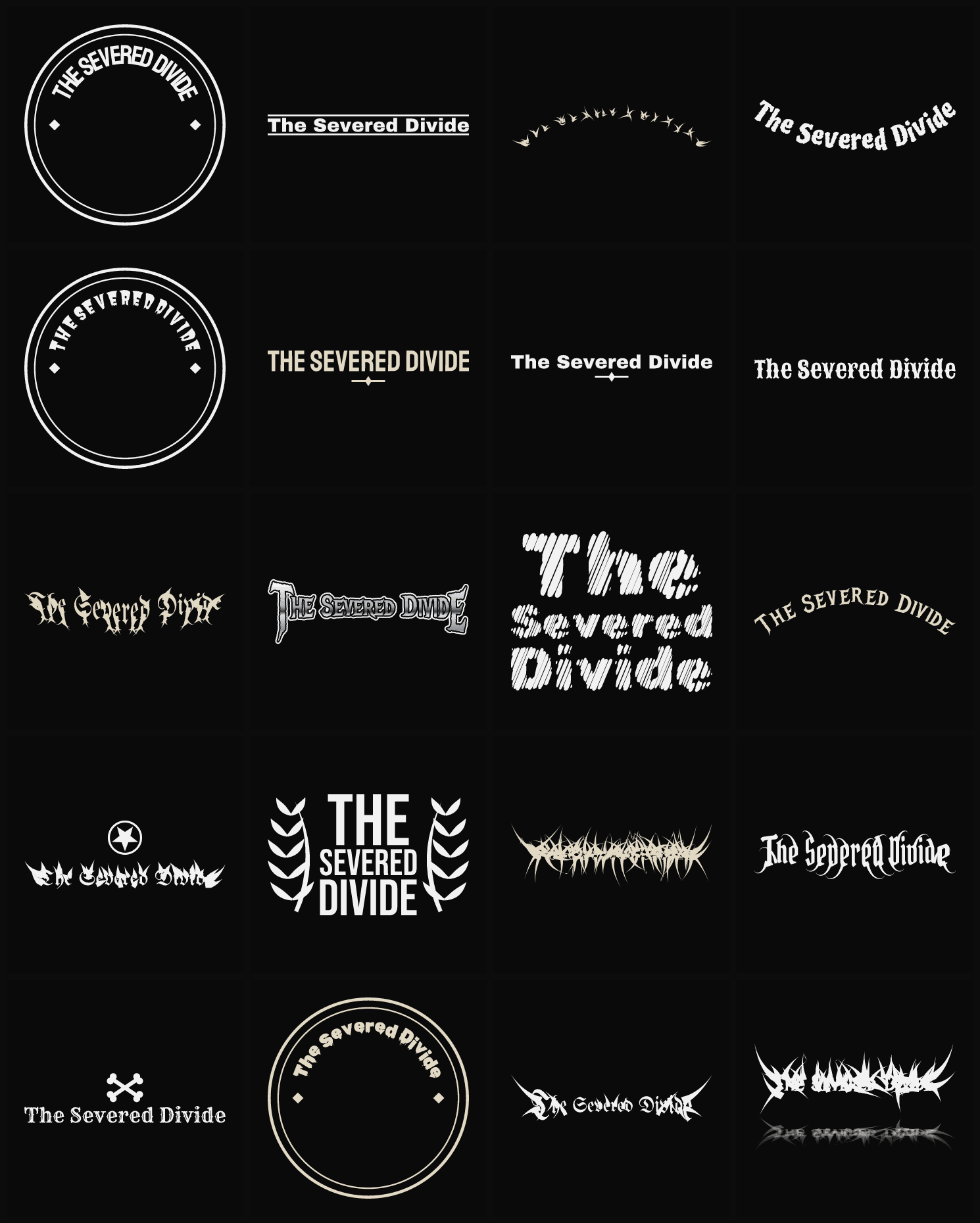 Twenty The Severed Divide band logo ideas — different faces, treatments and spike settings