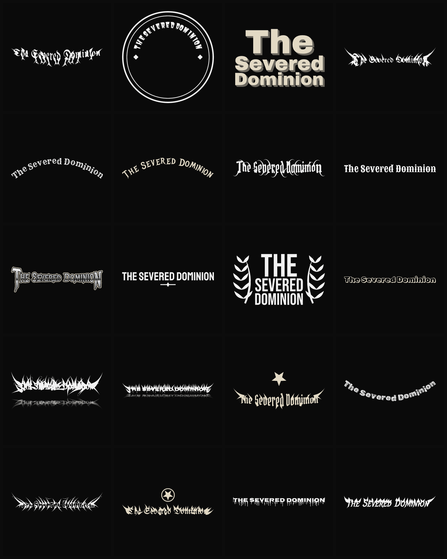 Twenty The Severed Dominion band logo ideas — different faces, treatments and spike settings