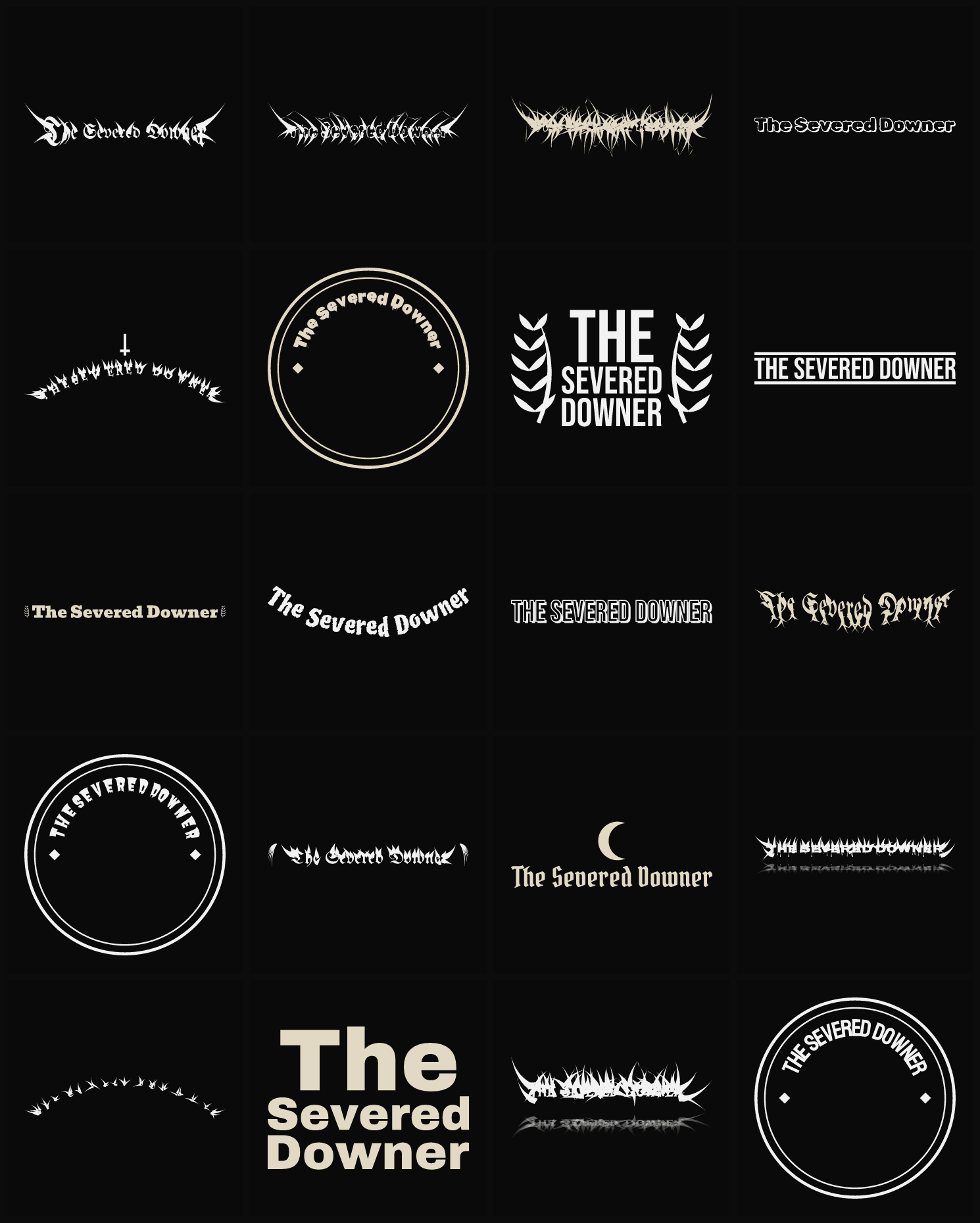 Twenty The Severed Downer band logo ideas — different faces, treatments and spike settings