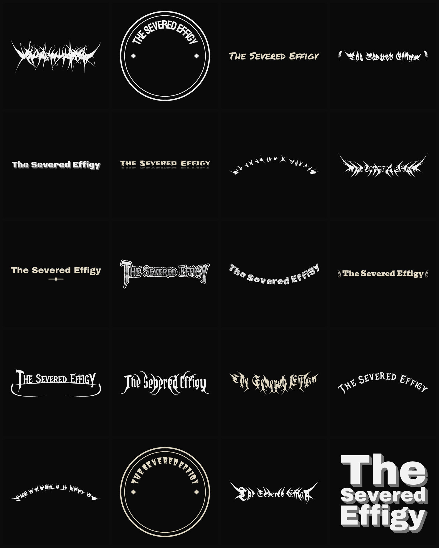 Twenty The Severed Effigy band logo ideas — different faces, treatments and spike settings