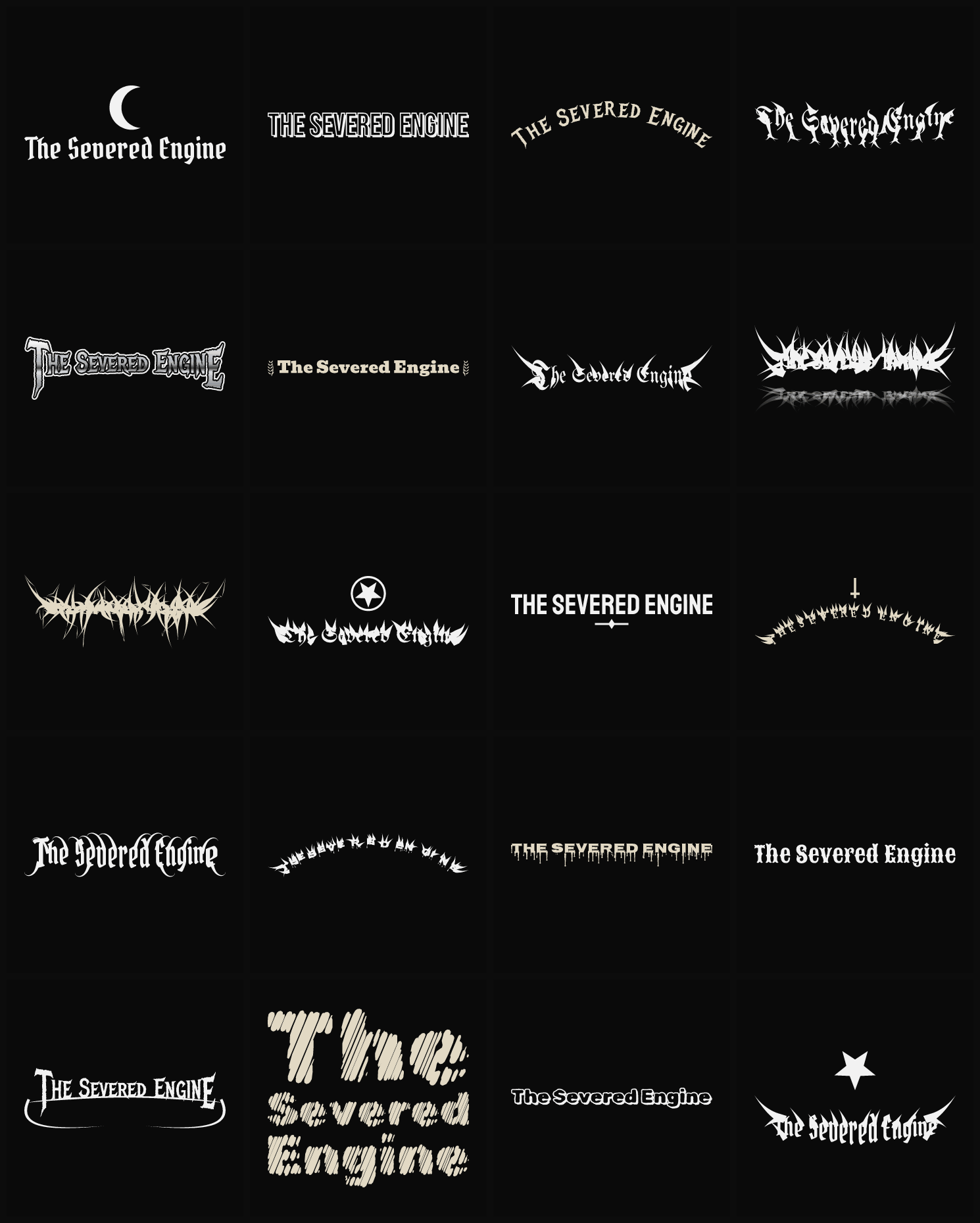 Twenty The Severed Engine band logo ideas — different faces, treatments and spike settings