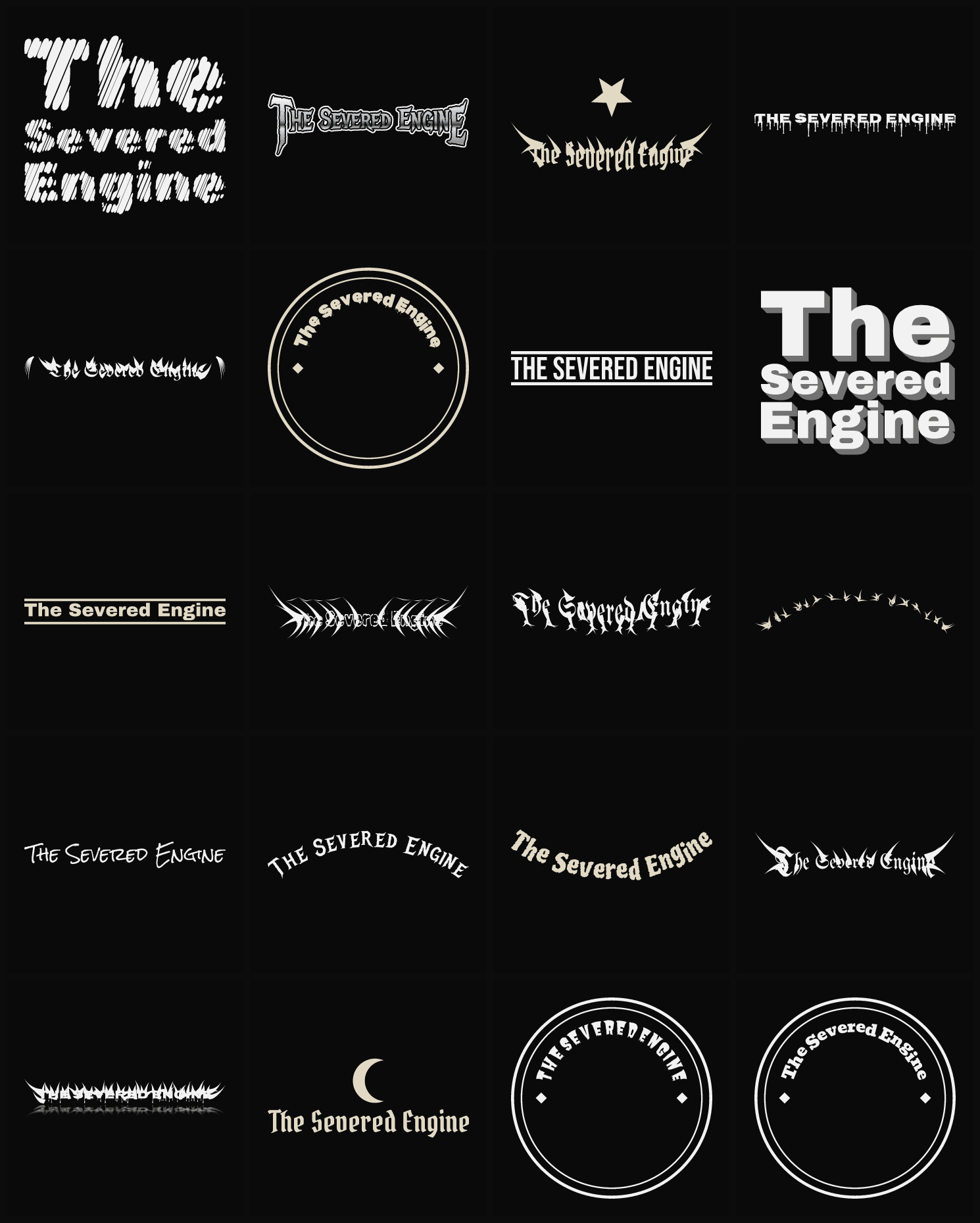 Twenty The Severed Engine band logo ideas — different faces, treatments and spike settings