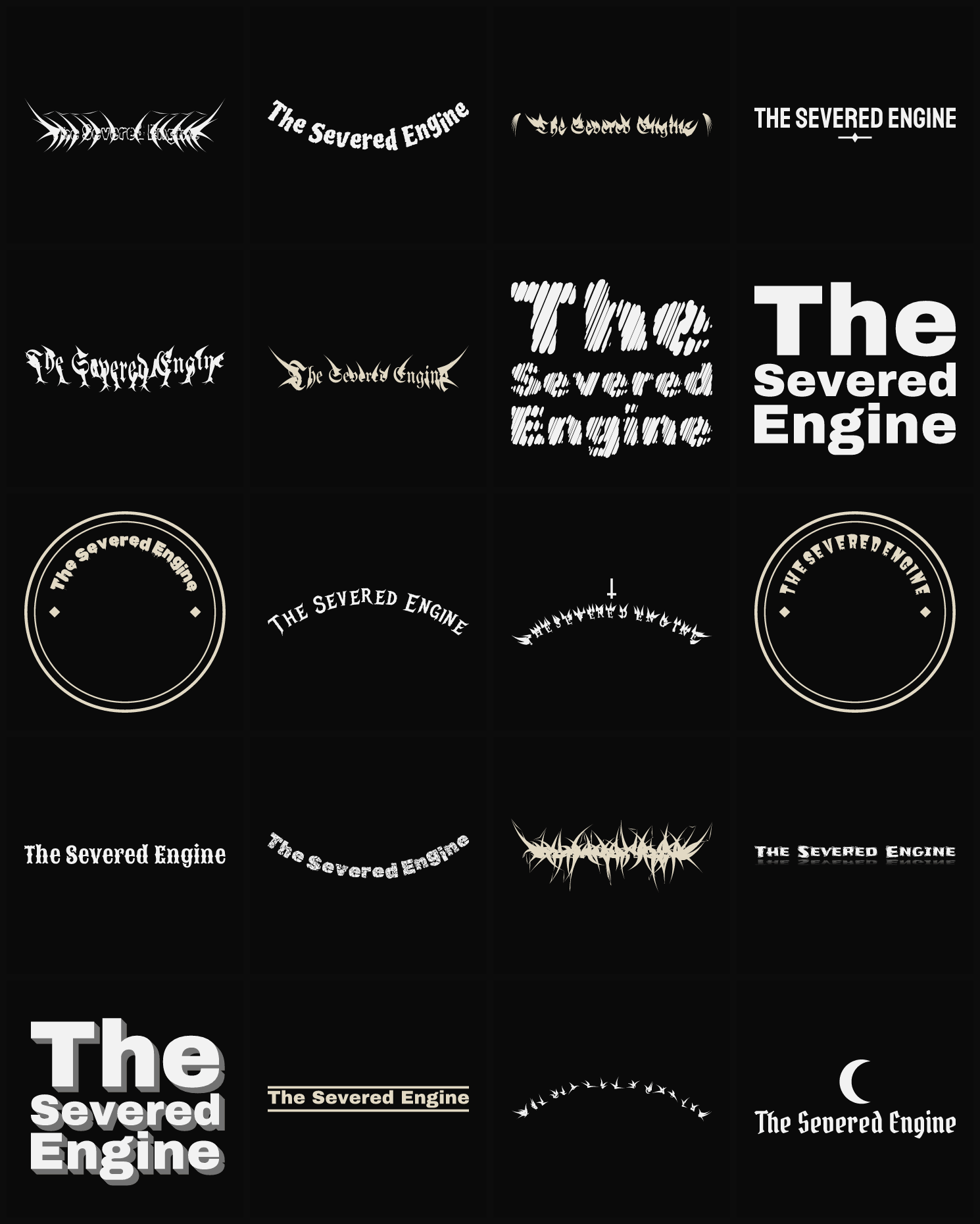 Twenty The Severed Engine band logo ideas — different faces, treatments and spike settings
