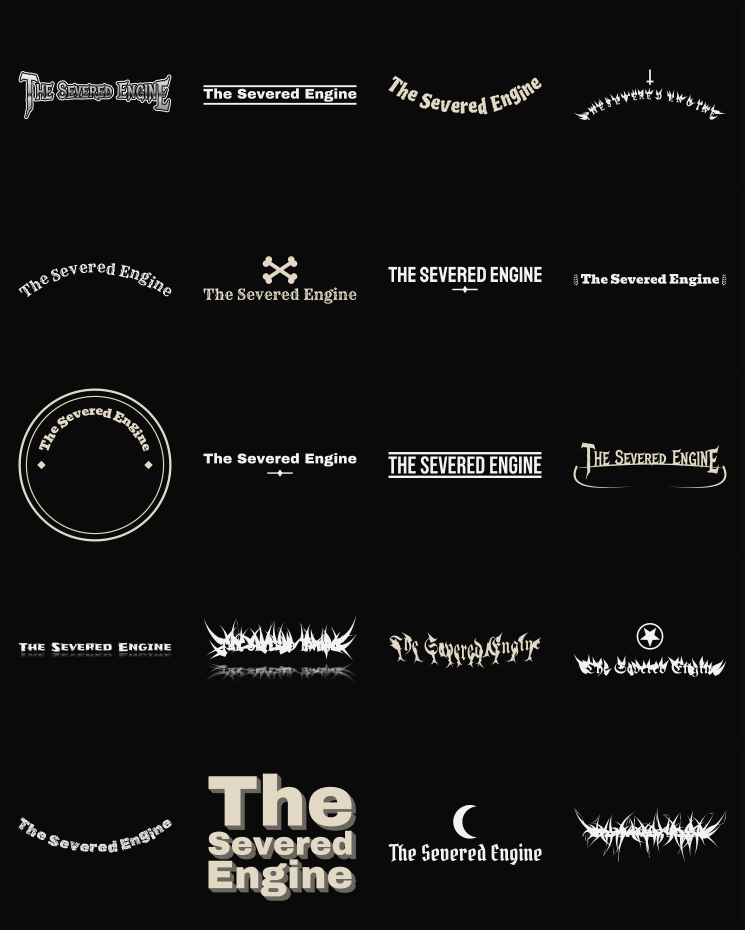Twenty The Severed Engine band logo ideas — different faces, treatments and spike settings