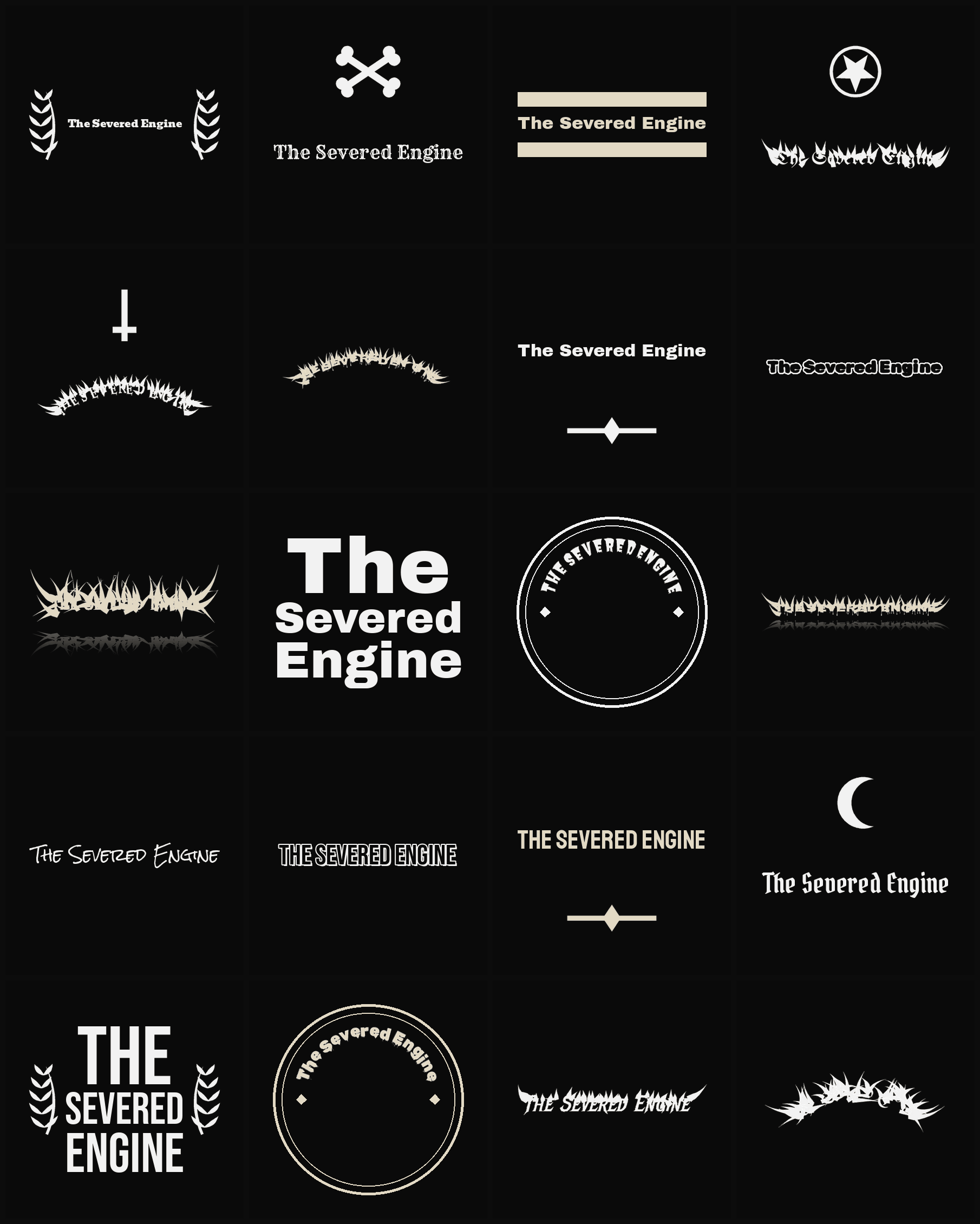 Twenty The Severed Engine band logo ideas — different faces, treatments and spike settings