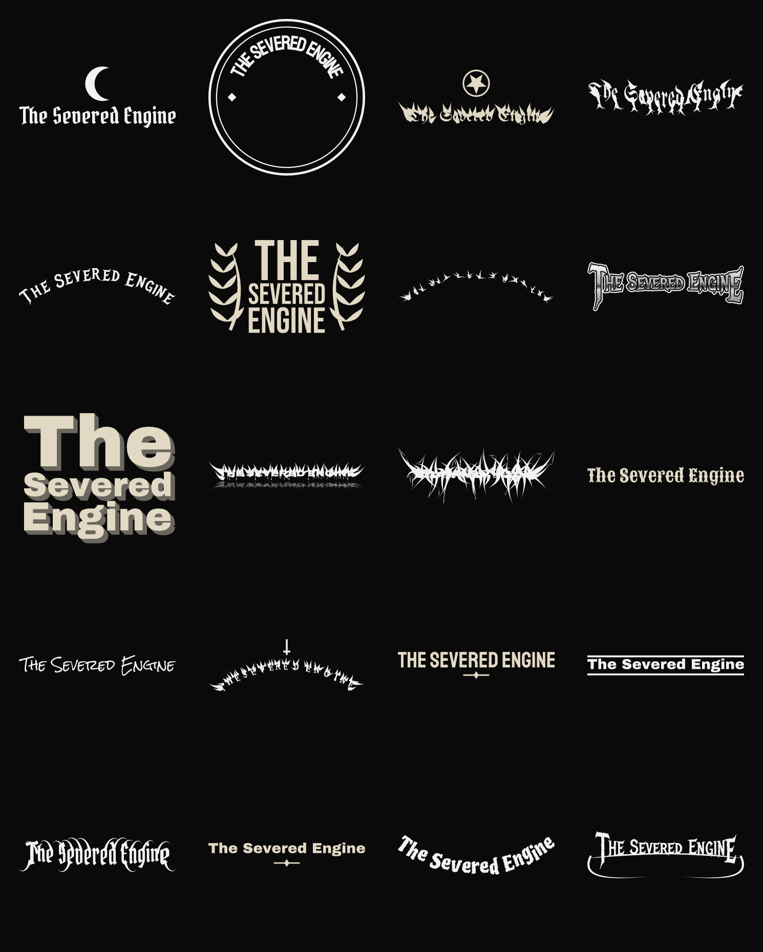 Twenty The Severed Engine band logo ideas — different faces, treatments and spike settings