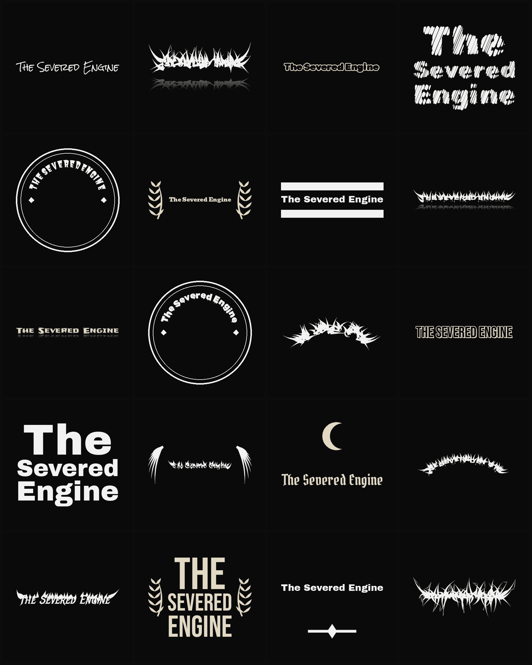 Twenty The Severed Engine band logo ideas — different faces, treatments and spike settings