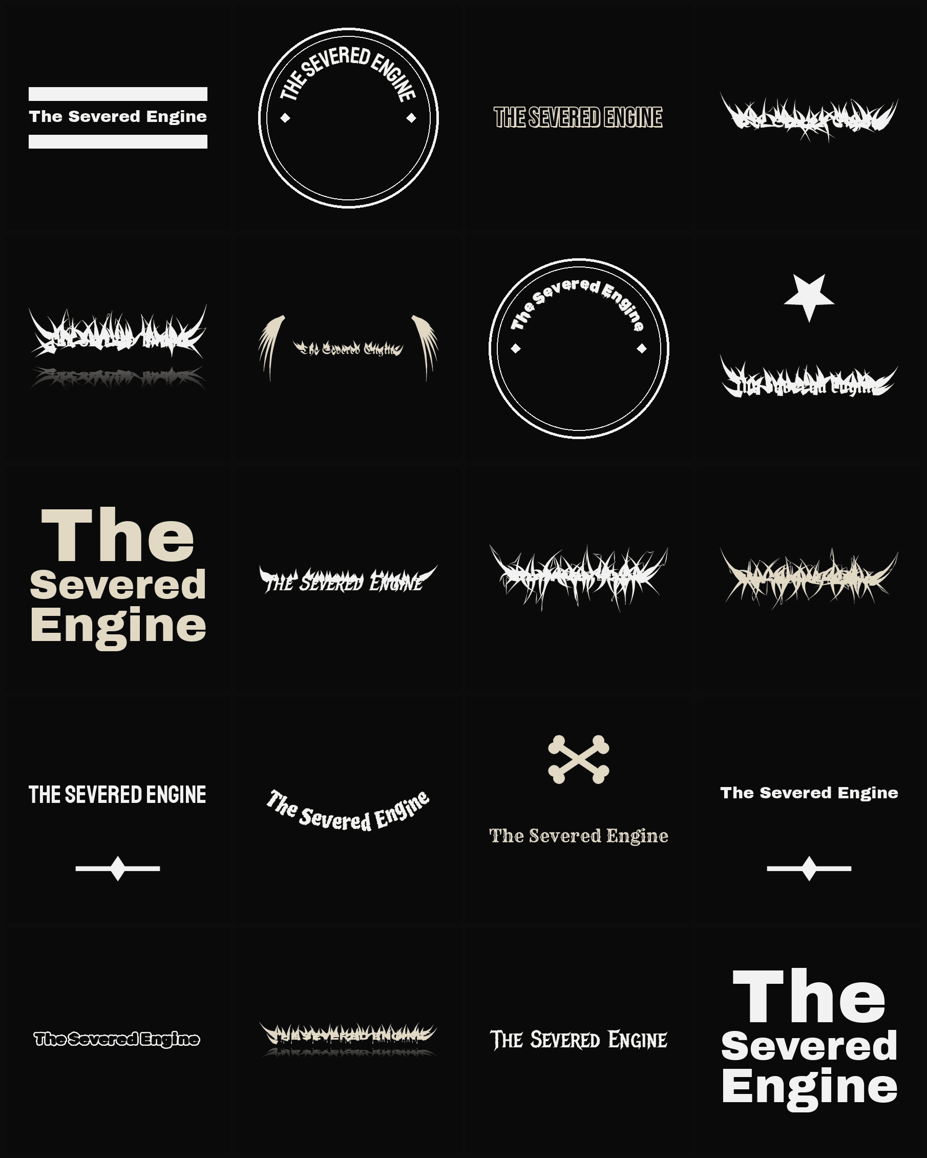 Twenty The Severed Engine band logo ideas — different faces, treatments and spike settings