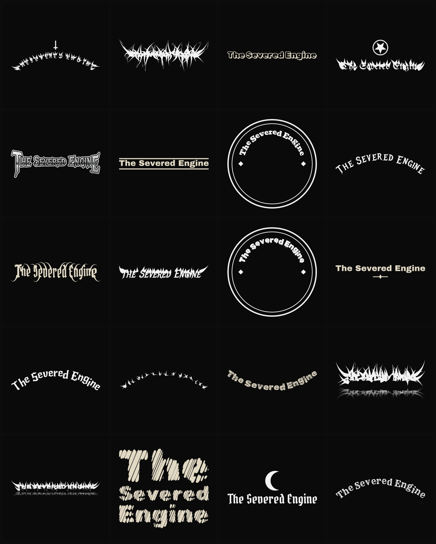Twenty The Severed Engine band logo ideas — different faces, treatments and spike settings