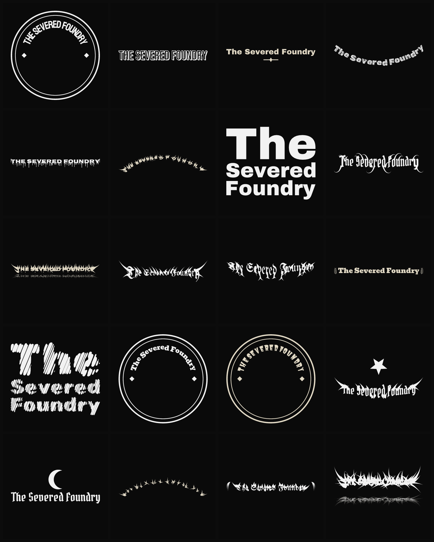 Twenty The Severed Foundry band logo ideas — different faces, treatments and spike settings