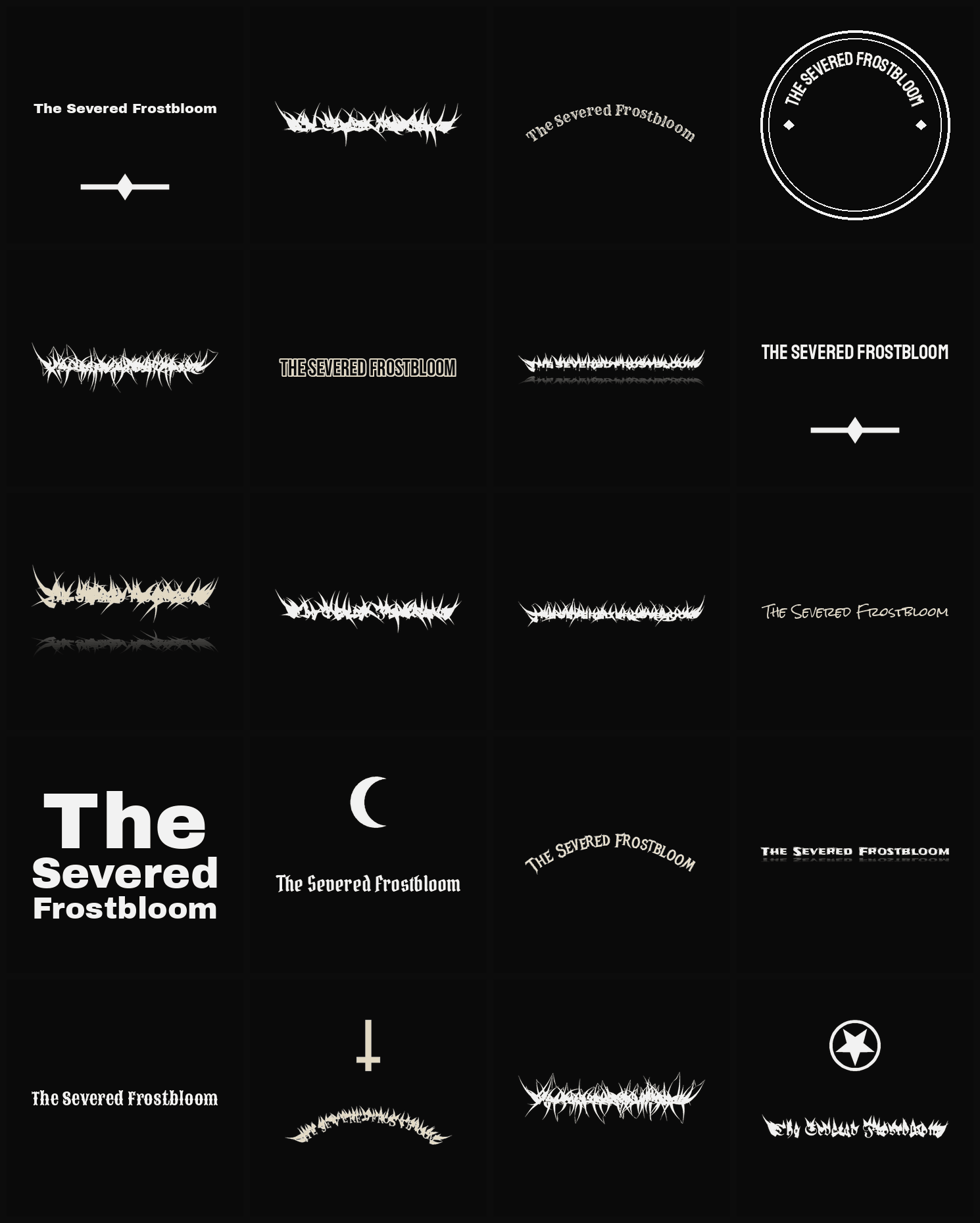 Twenty The Severed Frostbloom band logo ideas — different faces, treatments and spike settings