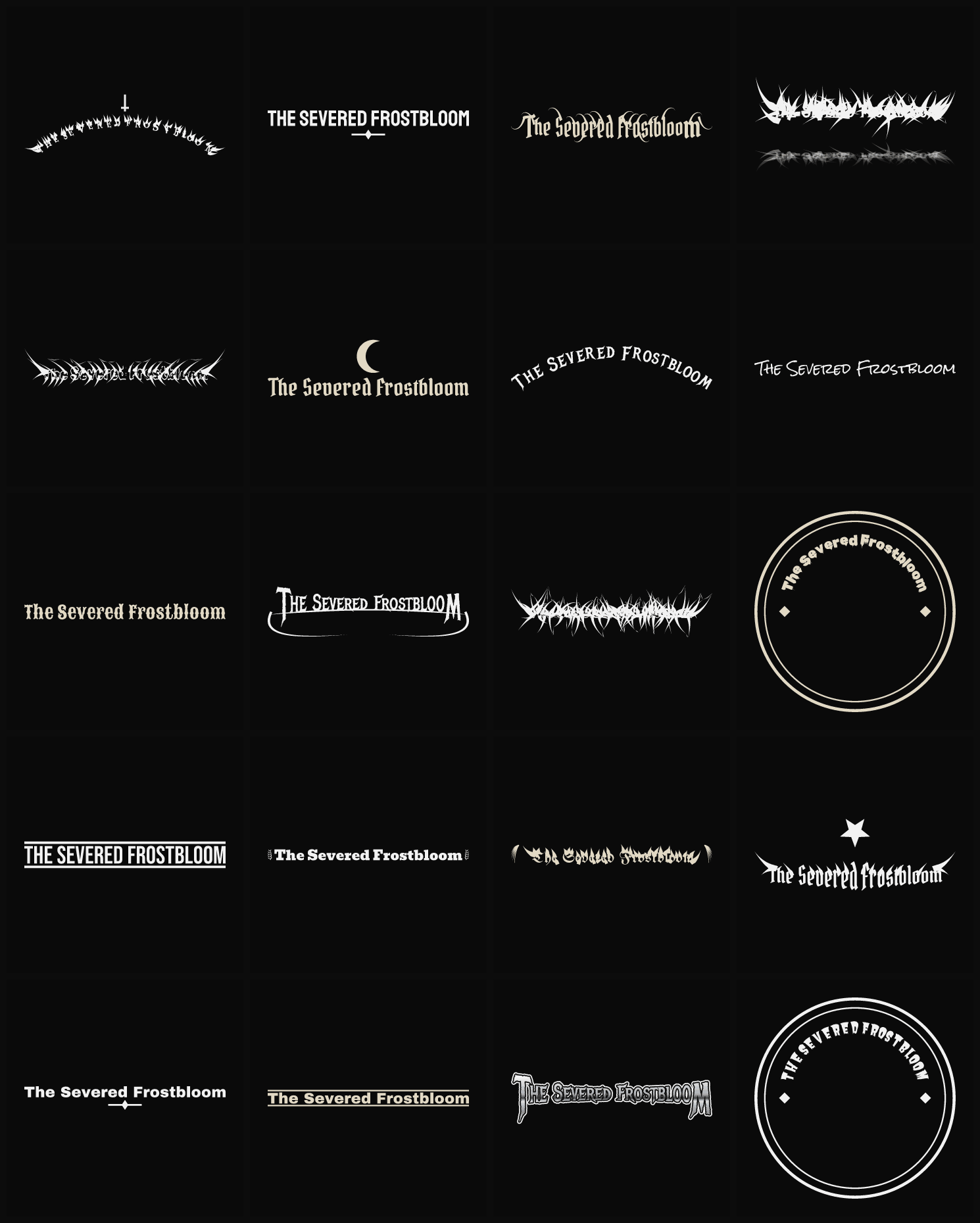 Twenty The Severed Frostbloom band logo ideas — different faces, treatments and spike settings