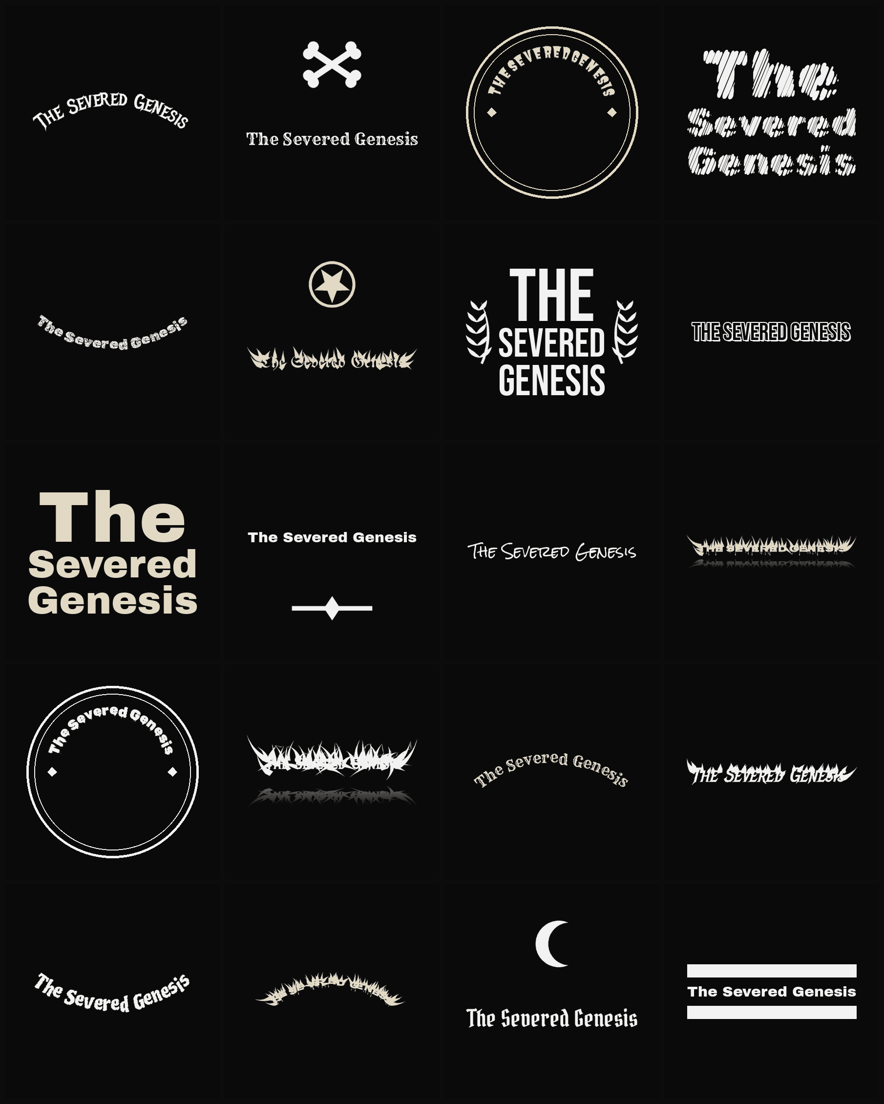Twenty The Severed Genesis band logo ideas — different faces, treatments and spike settings