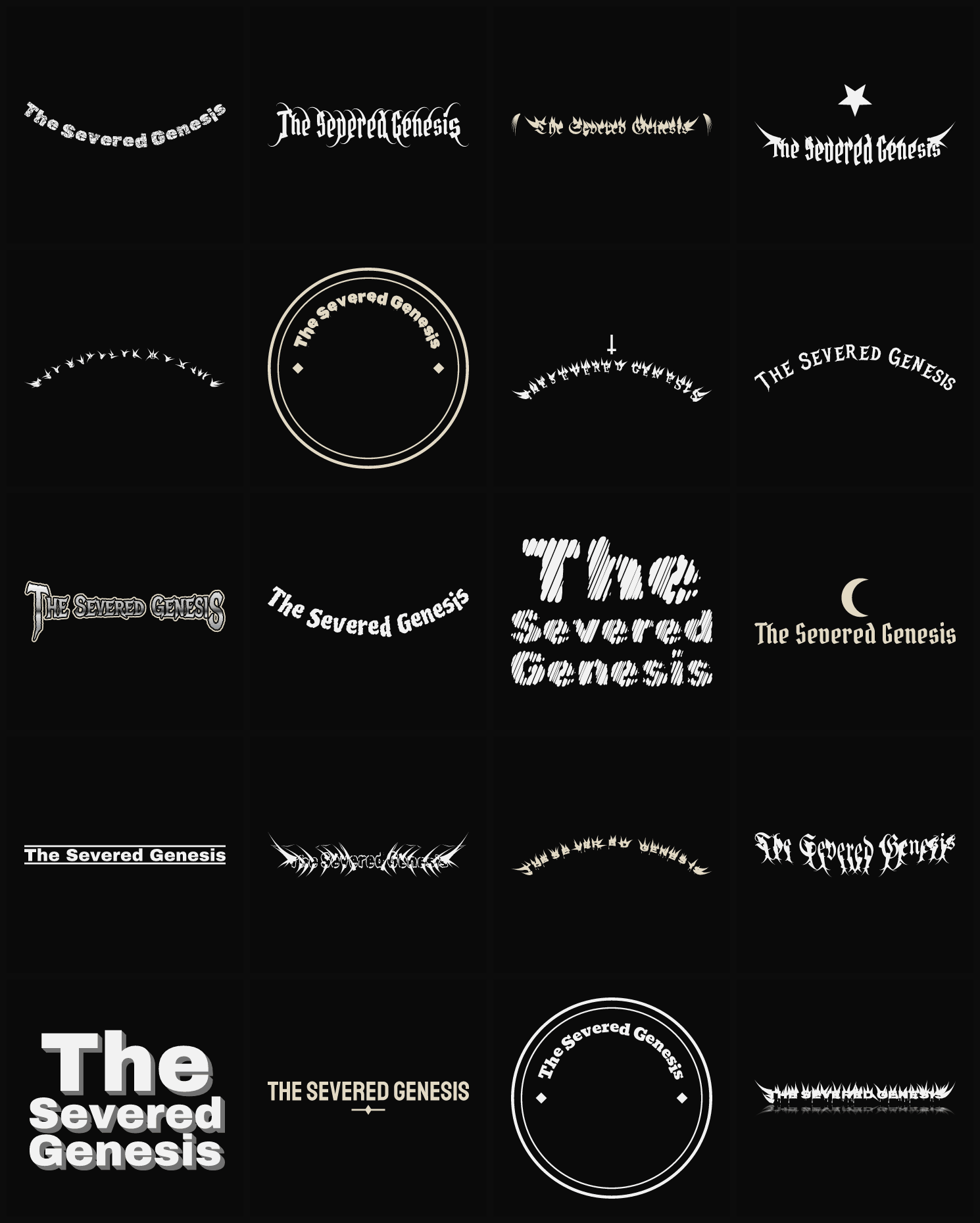 Twenty The Severed Genesis band logo ideas — different faces, treatments and spike settings