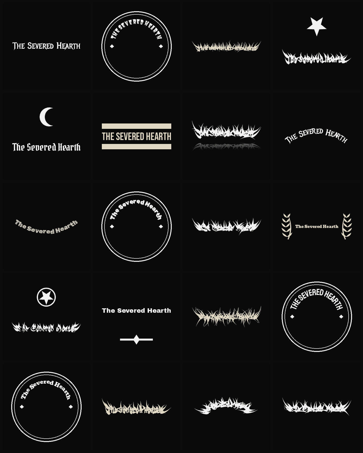 Twenty The Severed Hearth band logo ideas — different faces, treatments and spike settings