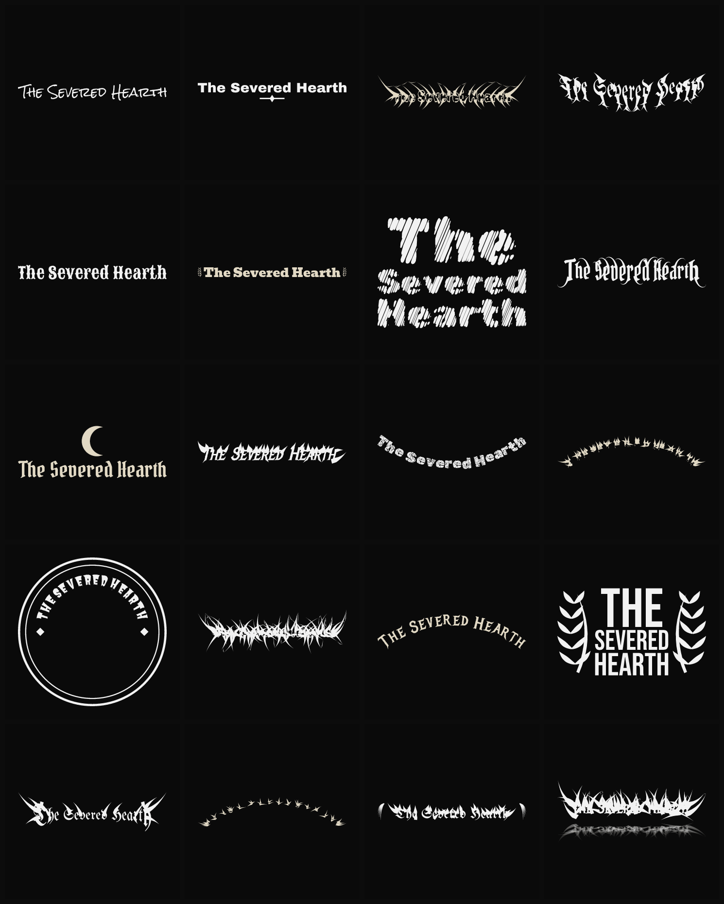 Twenty The Severed Hearth band logo ideas — different faces, treatments and spike settings
