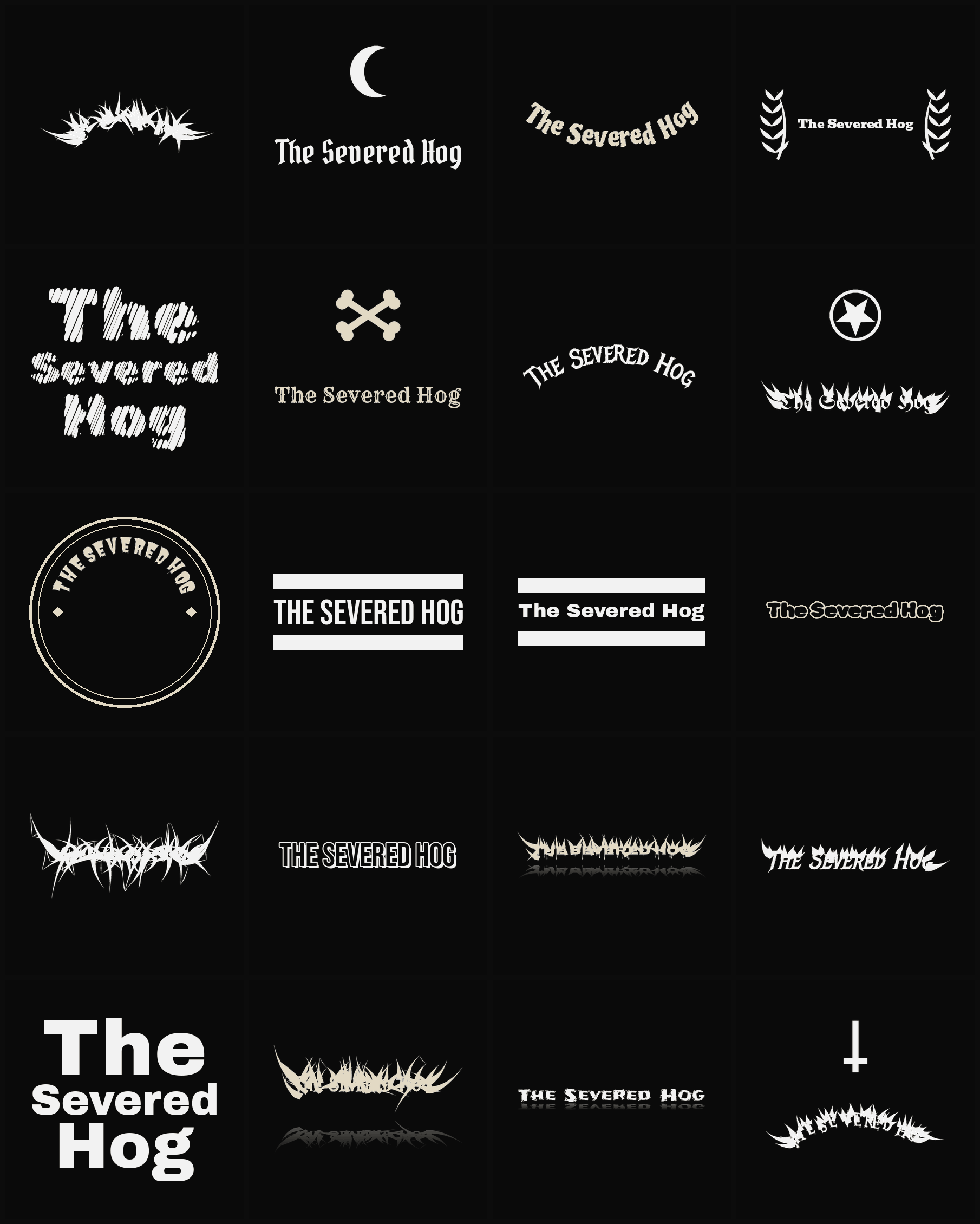 Twenty The Severed Hog band logo ideas — different faces, treatments and spike settings