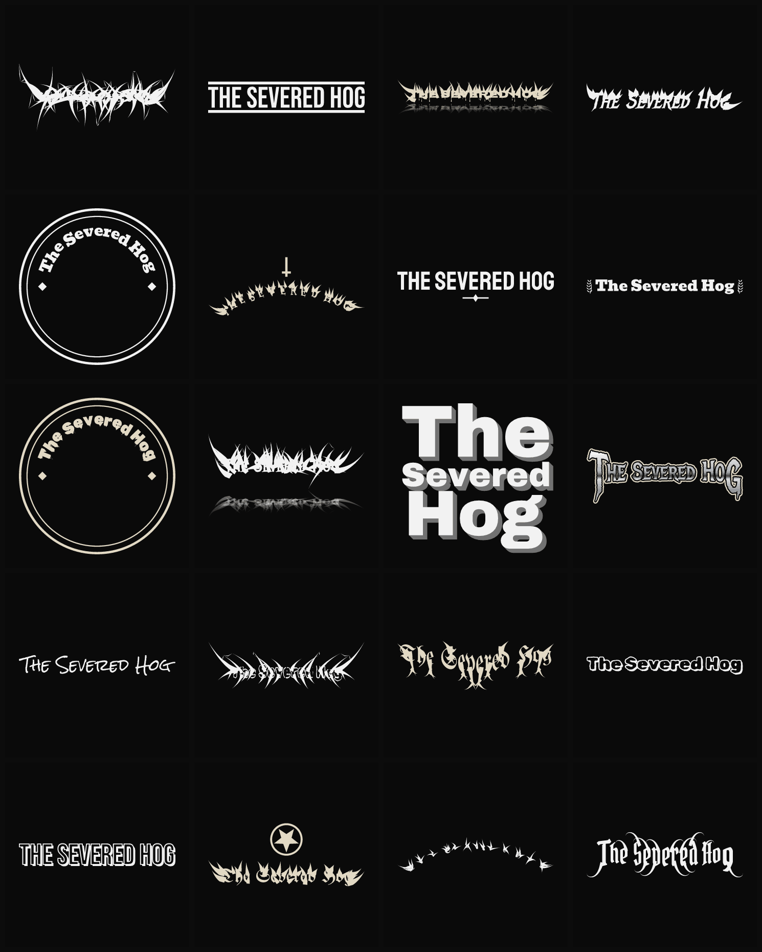 Twenty The Severed Hog band logo ideas — different faces, treatments and spike settings