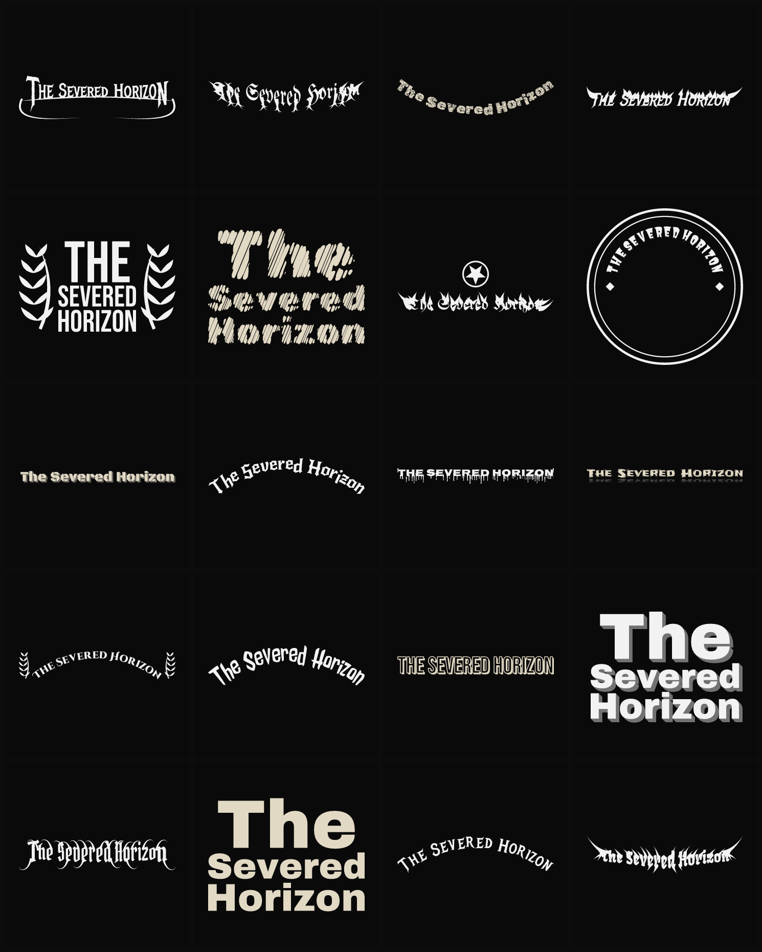Twenty The Severed Horizon band logo ideas — different faces, treatments and spike settings