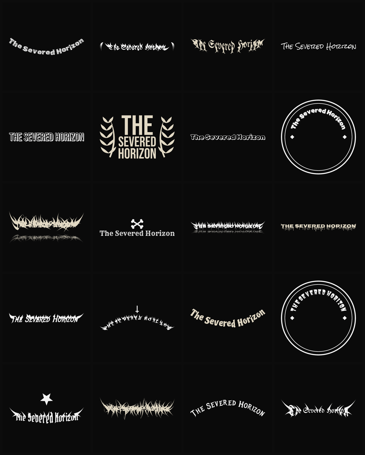 Twenty The Severed Horizon band logo ideas — different faces, treatments and spike settings