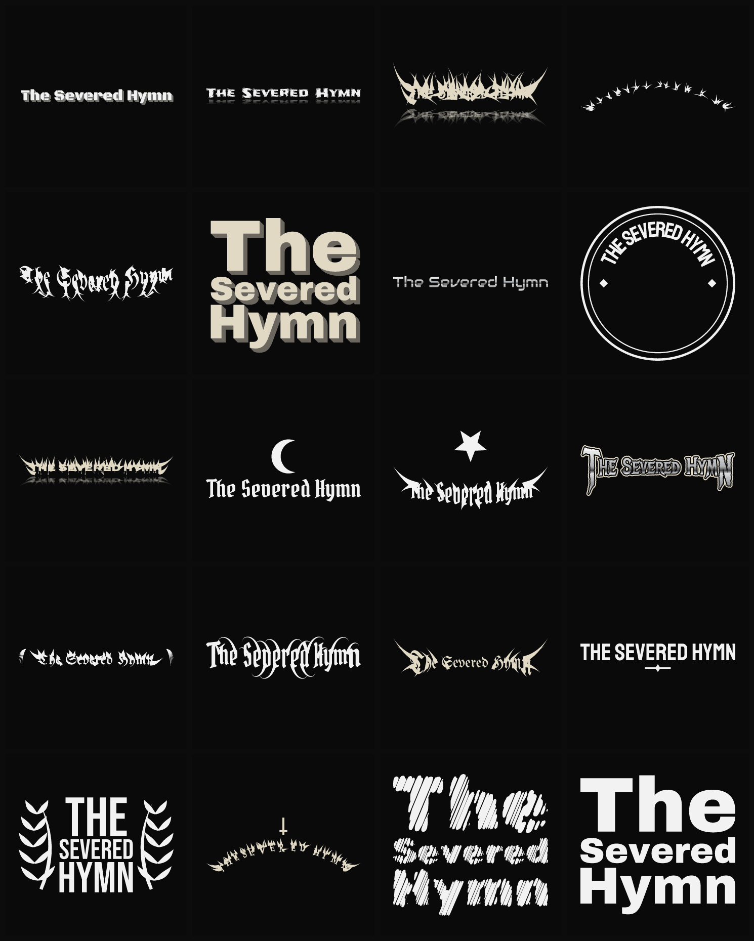 Twenty The Severed Hymn band logo ideas — different faces, treatments and spike settings
