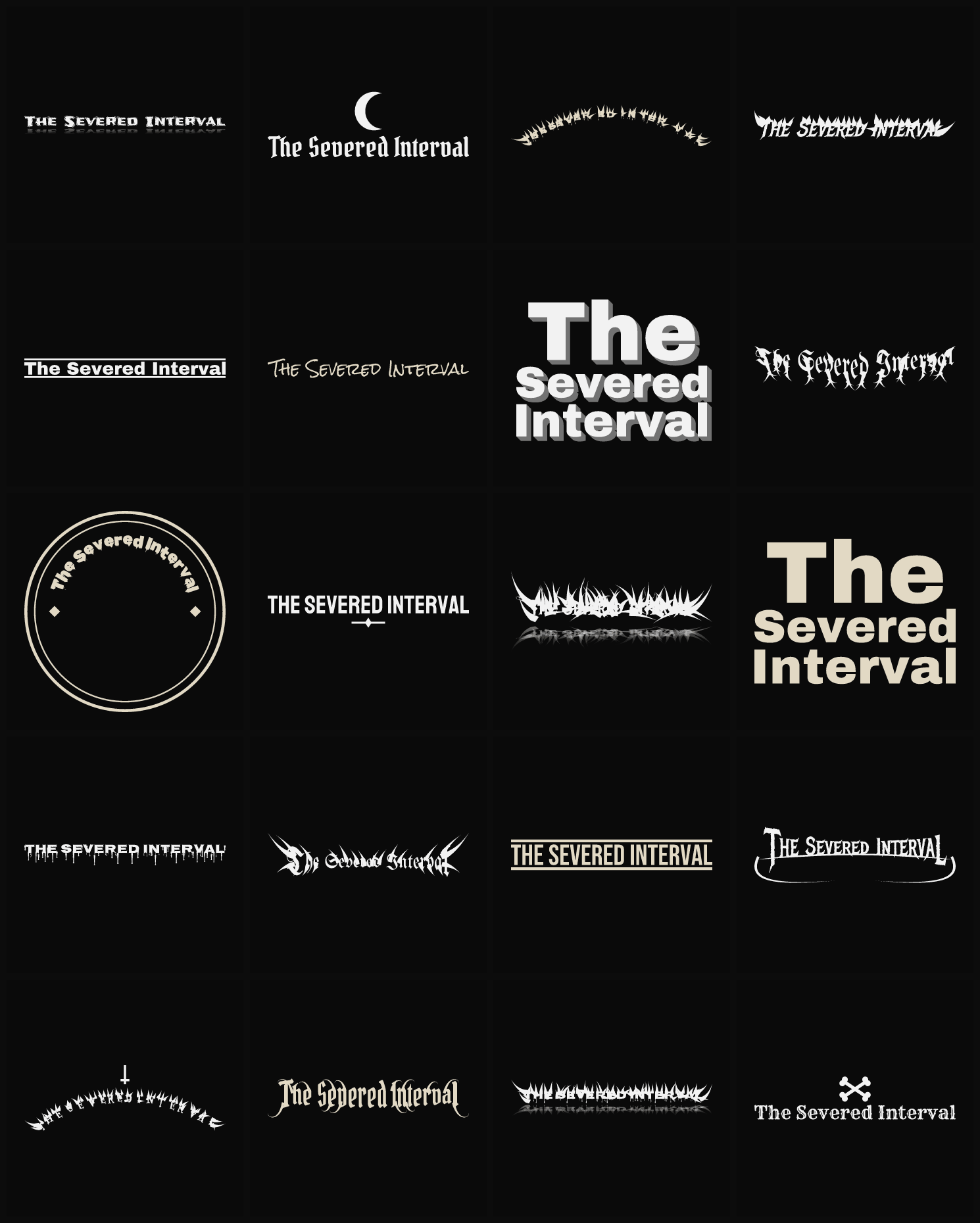 Twenty The Severed Interval band logo ideas — different faces, treatments and spike settings